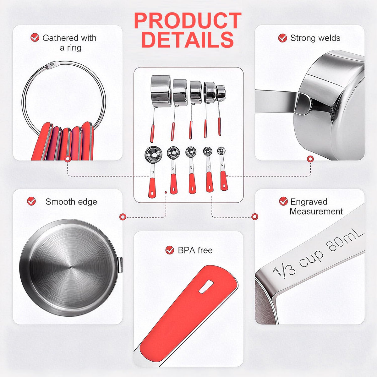 10-Pcs Stainless Steel Measuring Cups & Spoons Set, Colorful Handles