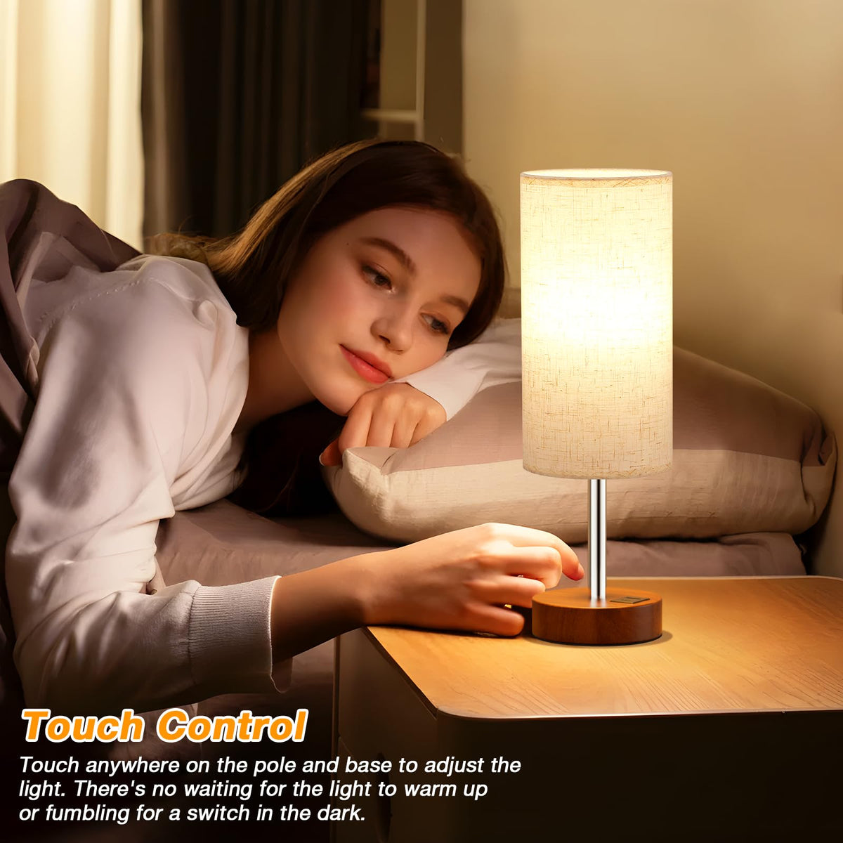 Dicoool Bedside Table Lamp for Bedroom - 3-Way Dimmable Touch Lamp, USB A+C
