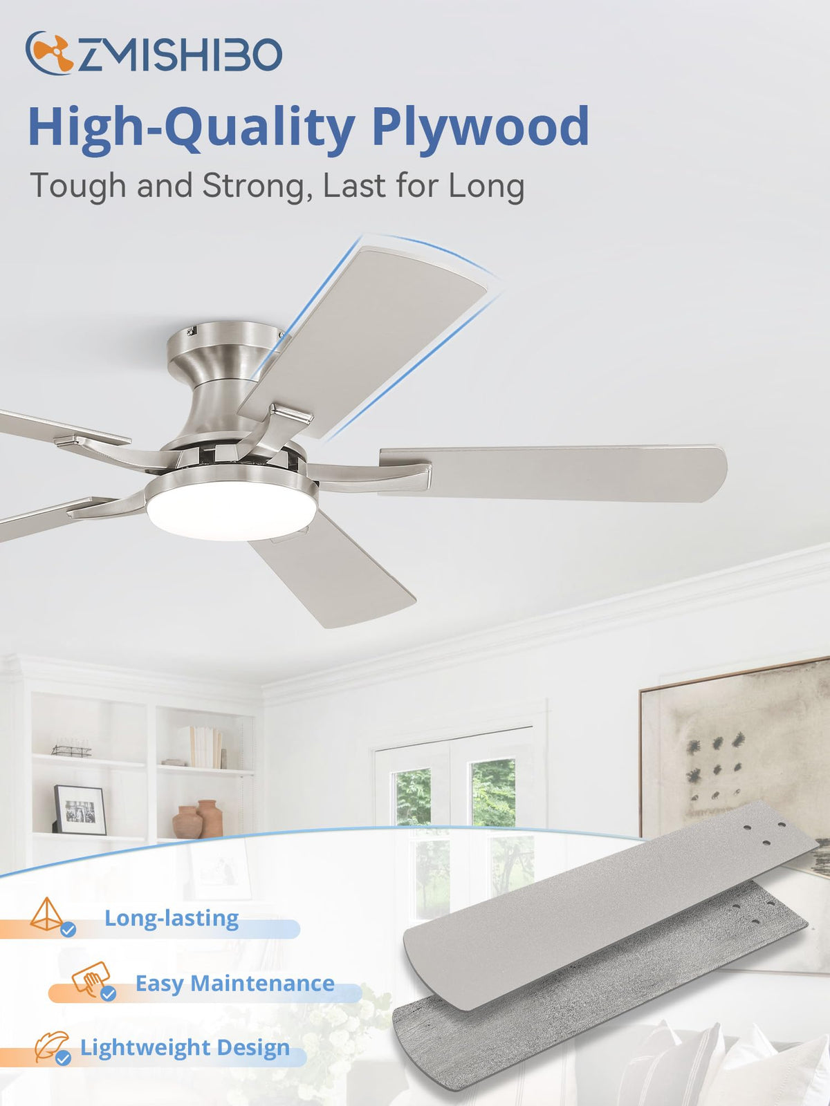 ZMISHIBO 52 Inch Ceiling Fans with Lights, Remote&App Control, Flush Mount