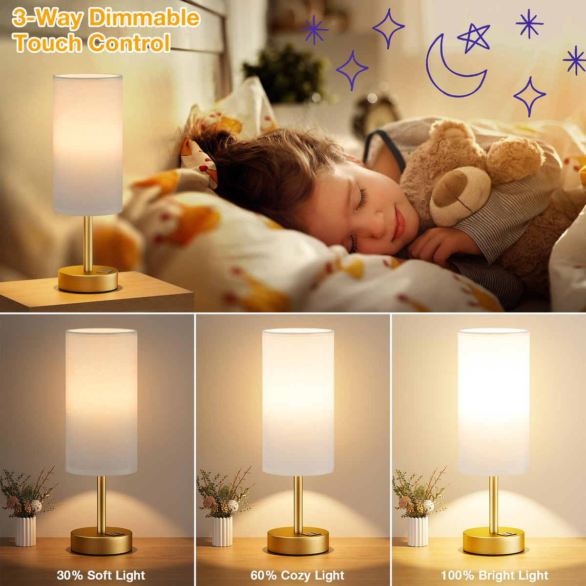 Dicoool Bedside Table Lamp for Bedroom - 3-Way Dimmable Touch Lamp, USB A+C
