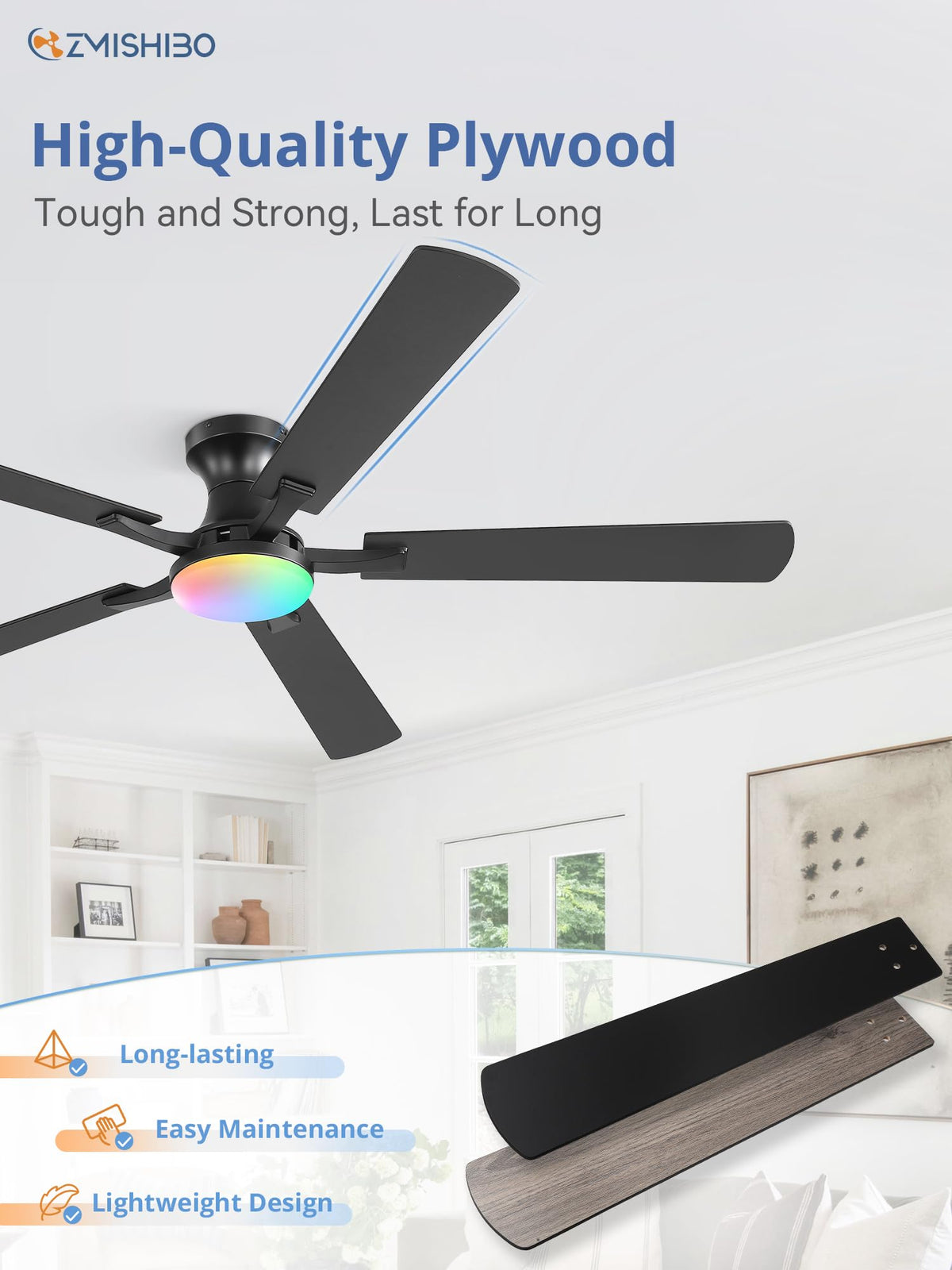 ZMISHIBO 52 Inch Ceiling Fans with Lights, Remote&App Control, Flush Mount
