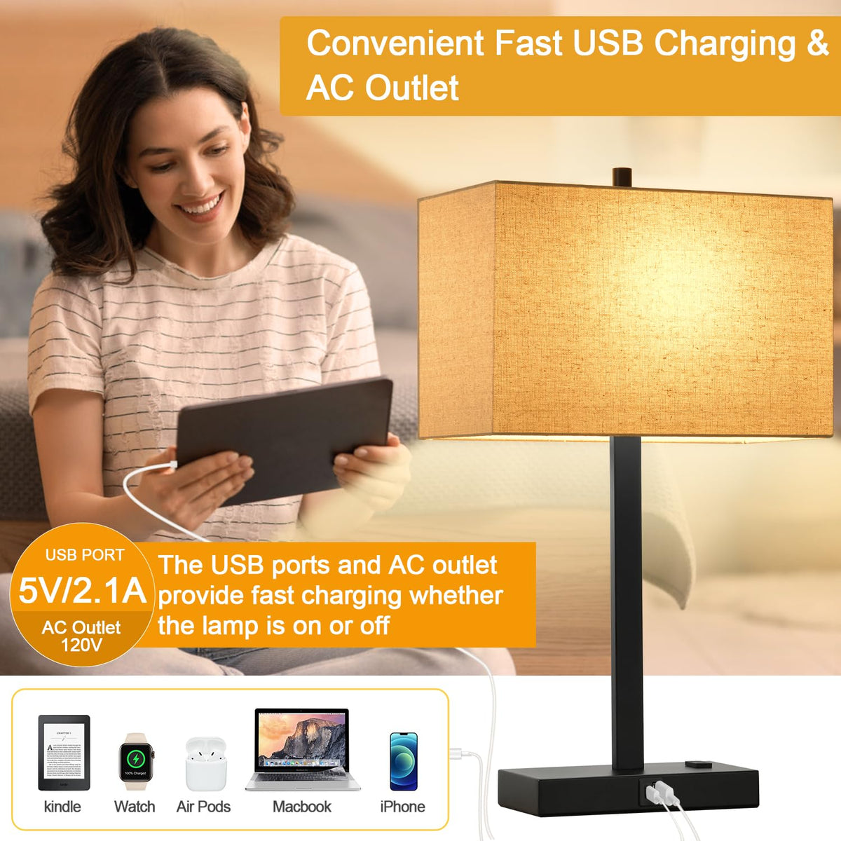 Lynnoland Set of 2 Touch Control Table Lamps with 2 USB & AC Outlet, 3-Way Dimmable Bedside Nightstand Lamps for Bedroom Living Room Nursery, 800 Lumens 5000K Daylight Bulbs Included