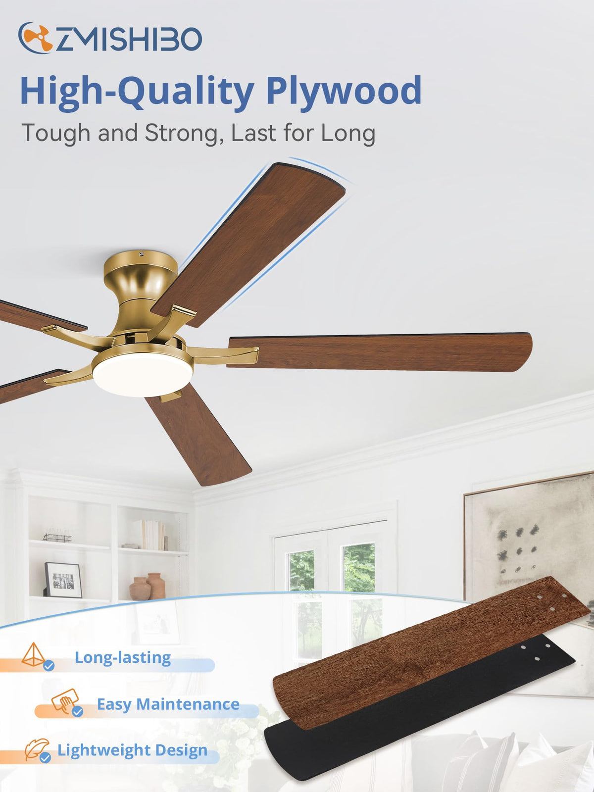 ZMISHIBO 52 Inch Ceiling Fans with Lights, Remote&App Control, Flush Mount