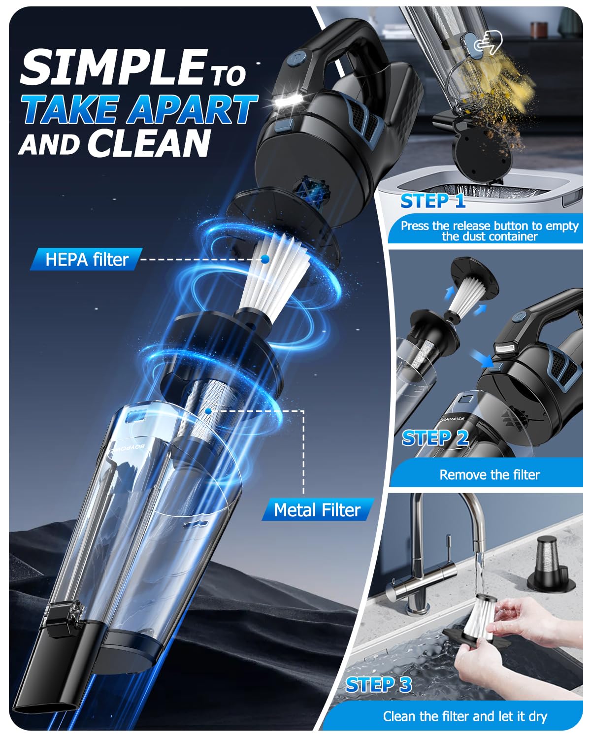 BQYPOWER 16000PA Handheld Vacuum Cleaner Cordless Rechargeable for Car Home