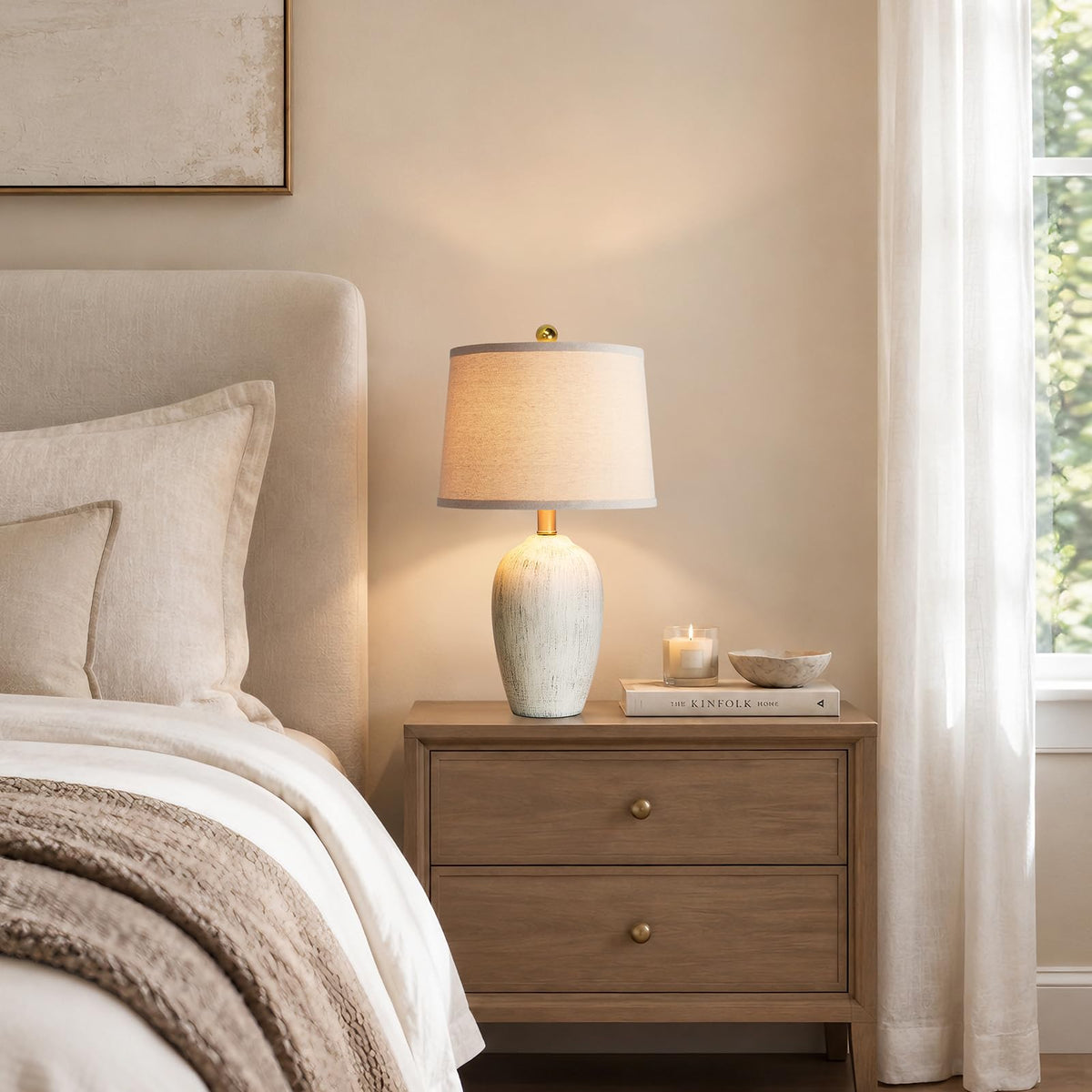AIEAMPDO 21'' Set of 2 Farmhouse Ceramic Small Table Lamps for Living Room Bedroom, Nightstand Rustic Brown Desk Lamp for Bedside End Table Entryway, 2 LED Bulbs Included