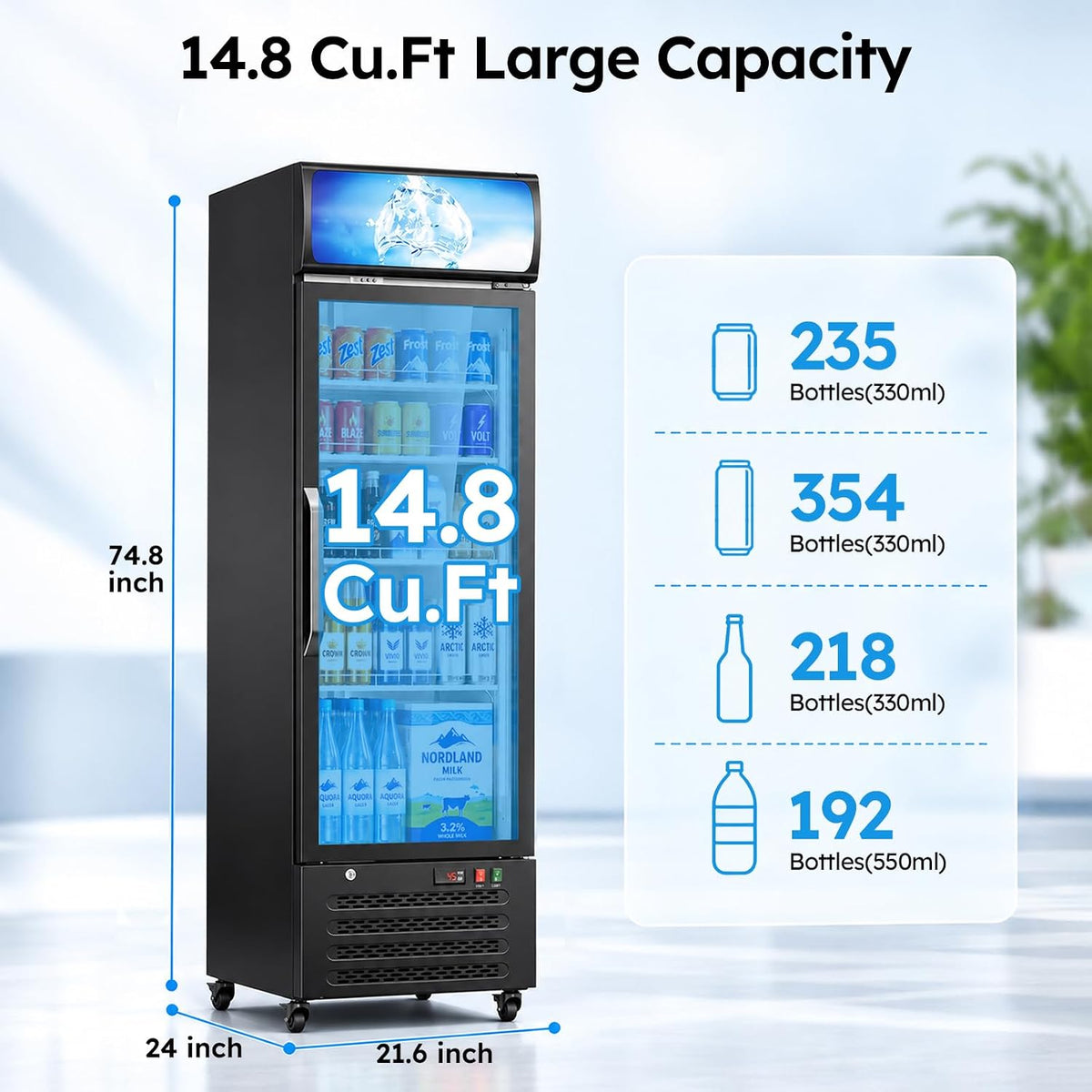 Commercial Refrigerators, 14.8 Cu.Ft Beverage Fridge with Glass Door