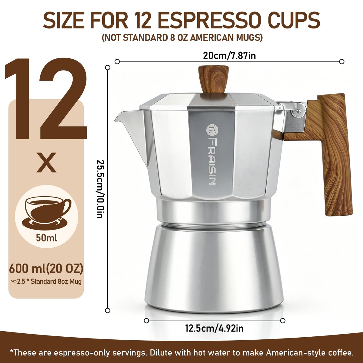 Stovetop Espresso Moka Pot Coffee Maker, Non-slip Wood Grain Handle, Cast Aluminum, Compatible with Gas, and Electric Stoves (Black, 12 cups)