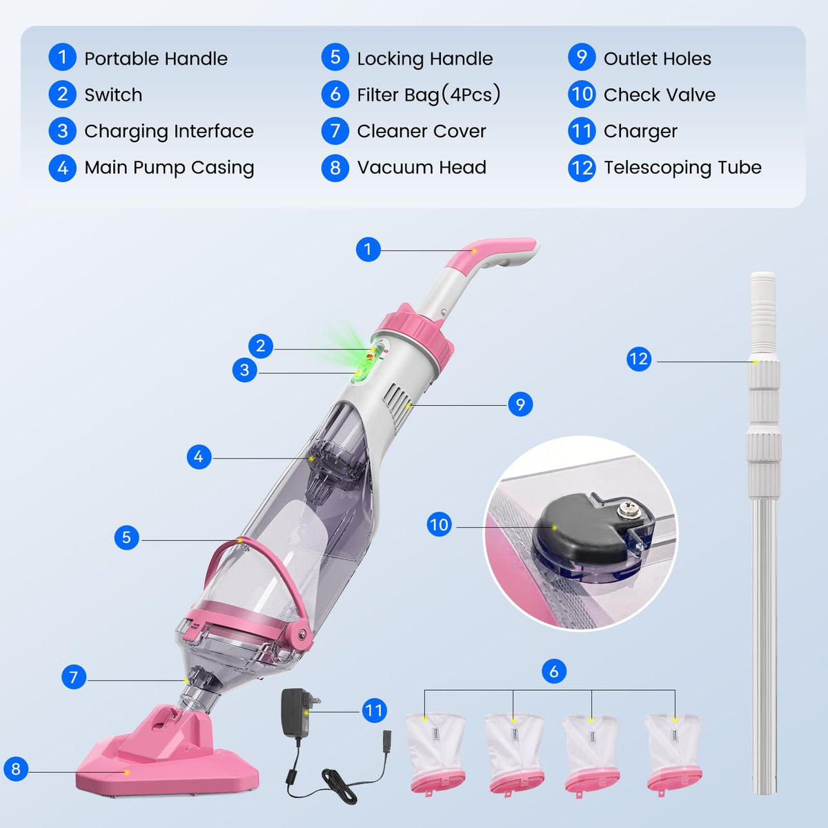 Enhulk Rechargeable Handheld Cordless Pool Vacuum for Above Ground Pool and Inground Pool, 60-Minute Runtime,Powerful Suction up to 18.5 gallons/min, Efficient Leaf and Debris Removal, PC10 Pro