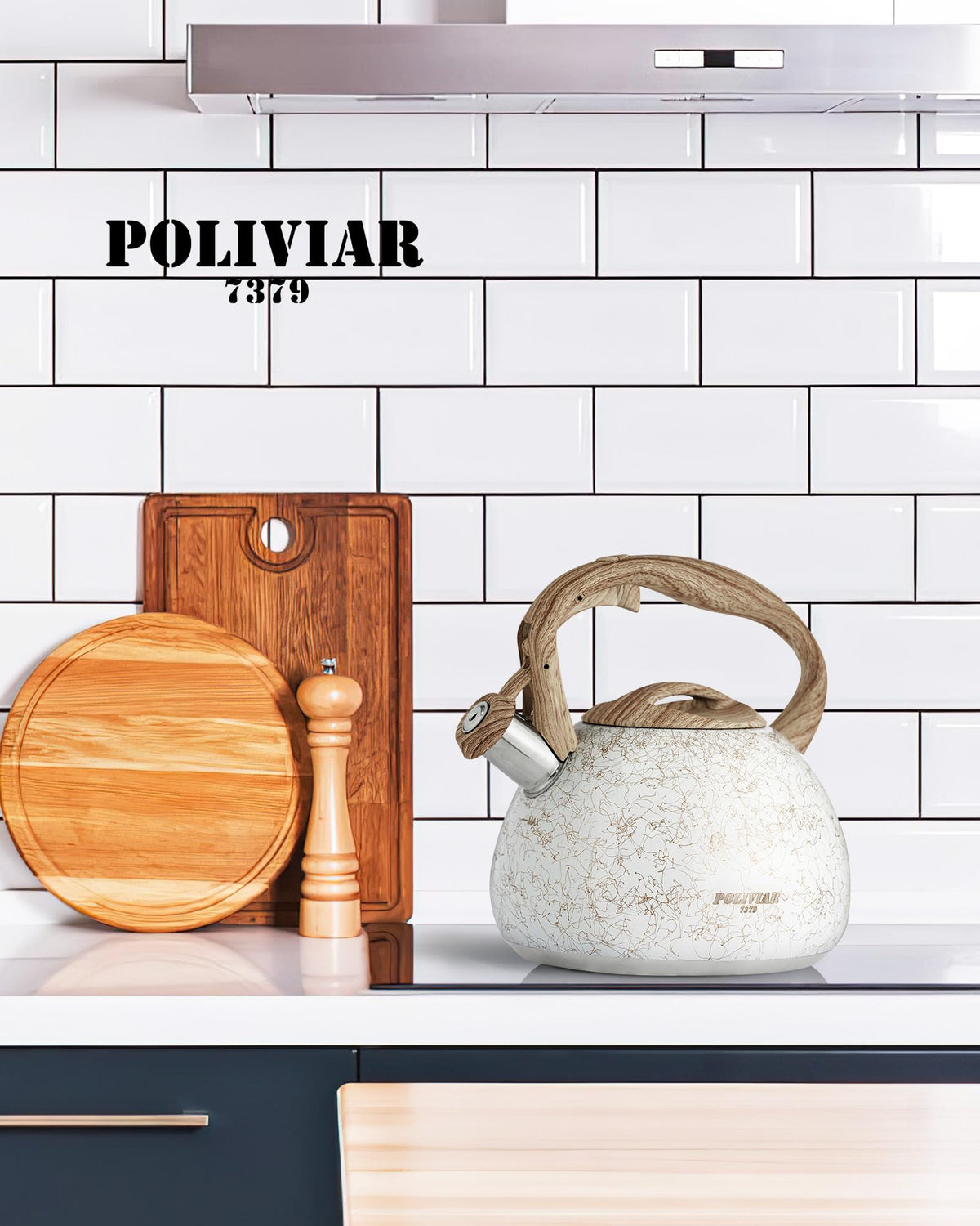 POLIVIAR Tea Kettle, 2.7 Quart Natural Stone Finish with Wood Pattern Handle Loud Whistle Food Grade Stainless Steel Teapot, Anti-Hot Handle and Anti-Rust, Suitable for All Heat Sources (JX2018-GR20)