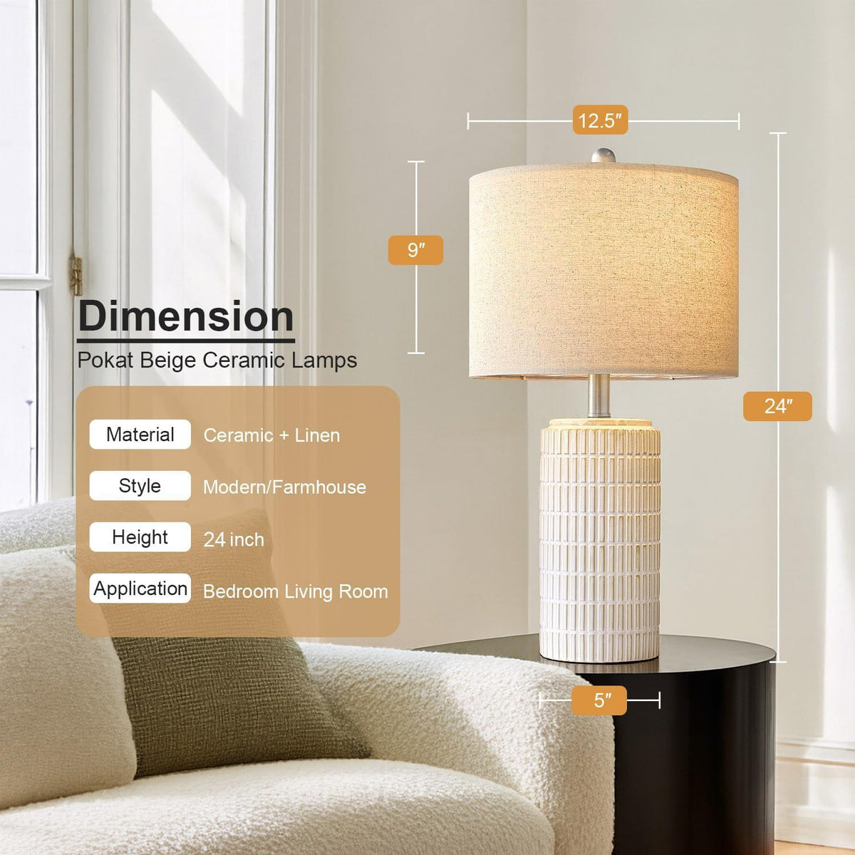 PoKat 20.75" Small Modern Ceramic Table Lamps Set of 2 for Bedroom, White