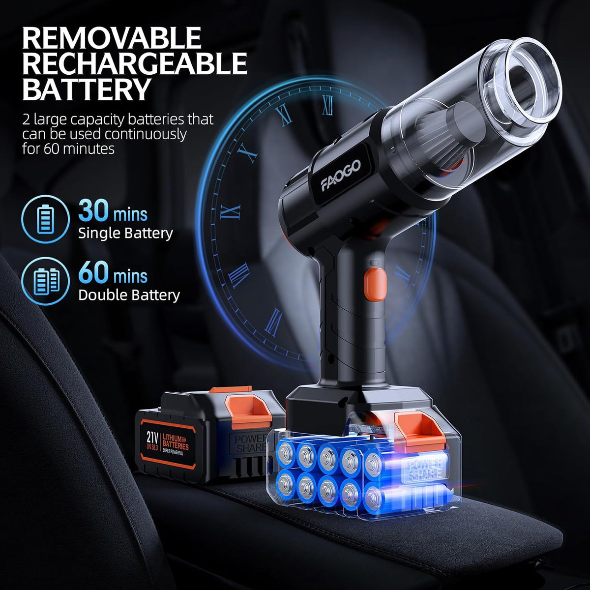 Car Vacuum Portable Cordless, 50000Pa High Power Brushless Motor, Rechargeable Handheld Vacuum with 2 Batteries & Charger, 6-in-1 Vacuum Cleaners for Home, Pet Hair & Keyboard, Ink Black
