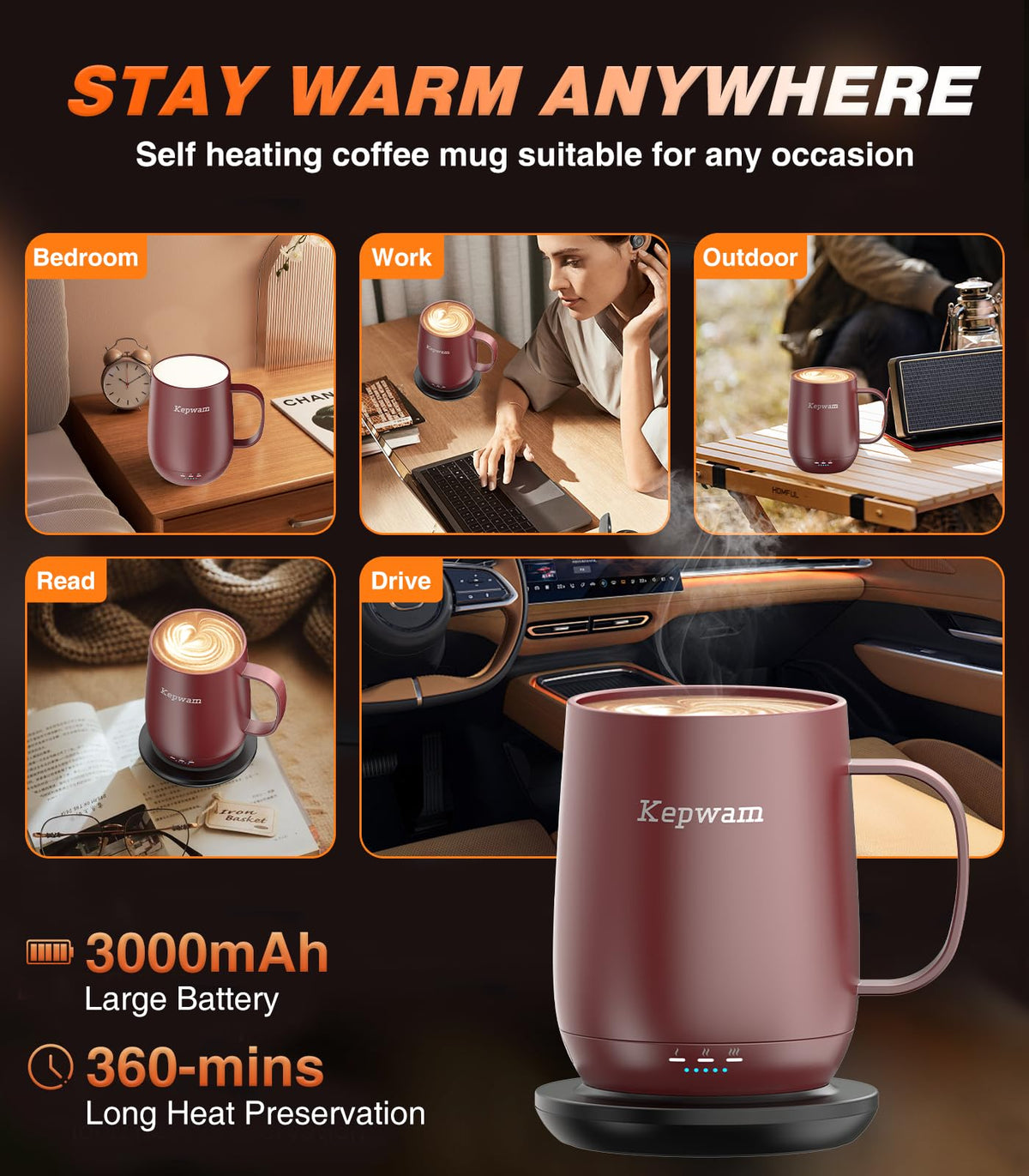 Kepwam Self-Heating Coffee Mug T2, 16oz Electric Heated Mug Hot Up to 149℉