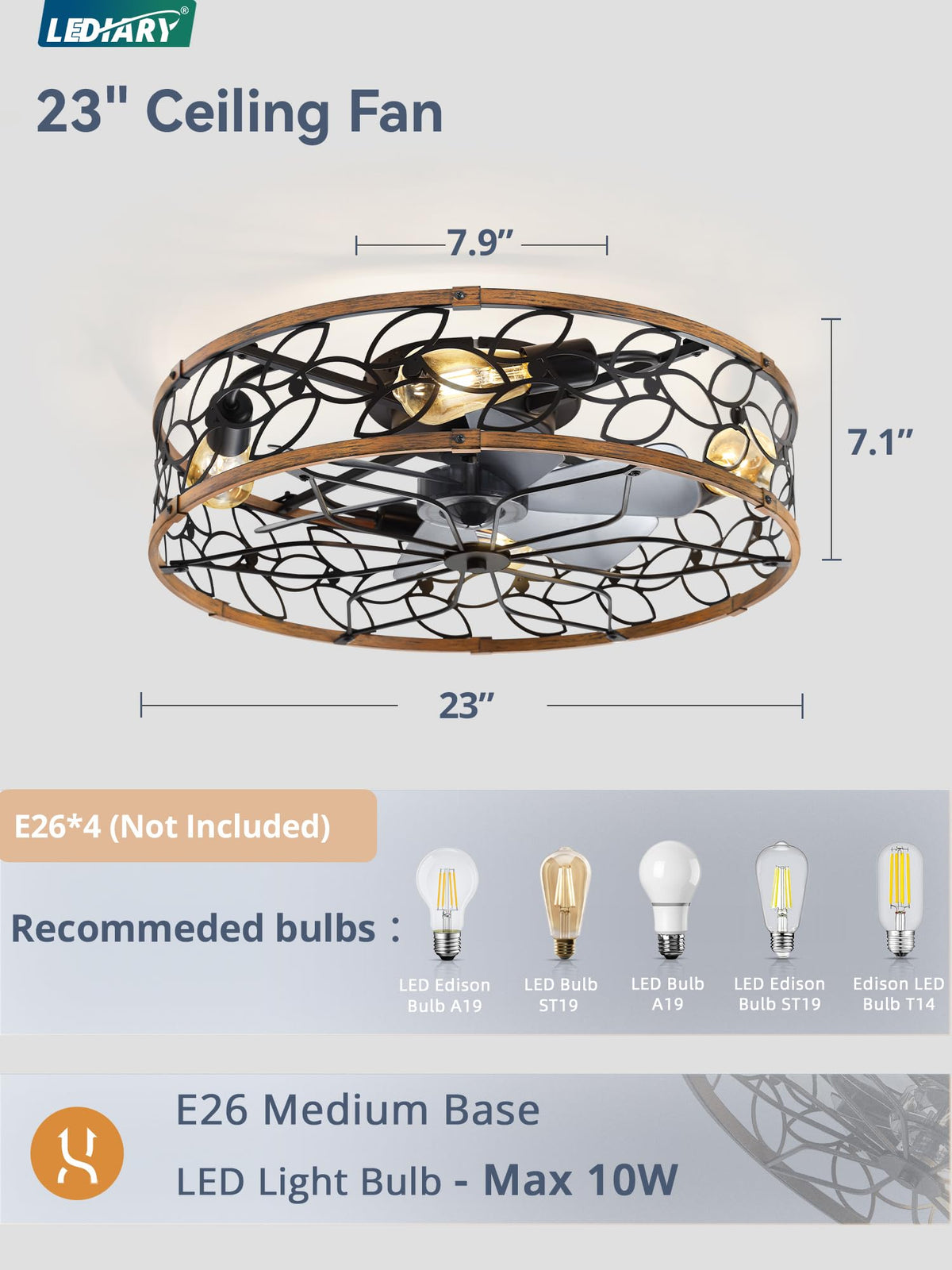 LEDIARY Caged Ceiling Fan with Light, Flush Mount Fandalier with Remote