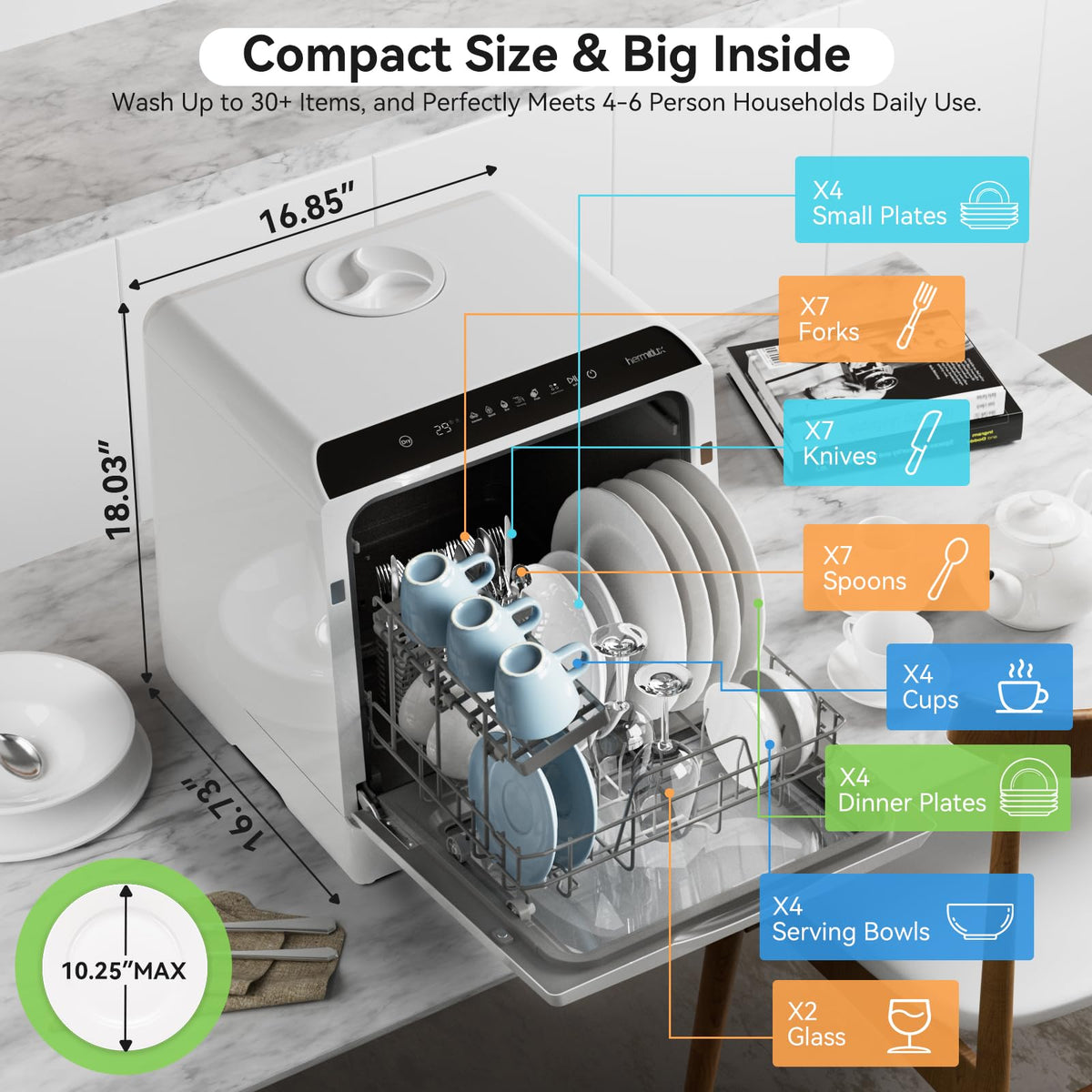 Hermitlux Countertop Dishwasher, 5 Place Settings Portable Dishwashers Mini