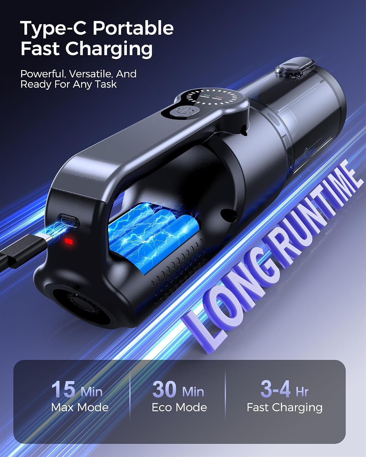 Cordless Handheld Vacuum Cleaner, 2-in-1 Vacuum & Blower, 36000Pa Suction Brushless Motor, Car Vacuum with LED Light, Lightweight, Covers for Car, Home, Office and Outdoor Use, Carbon Black
