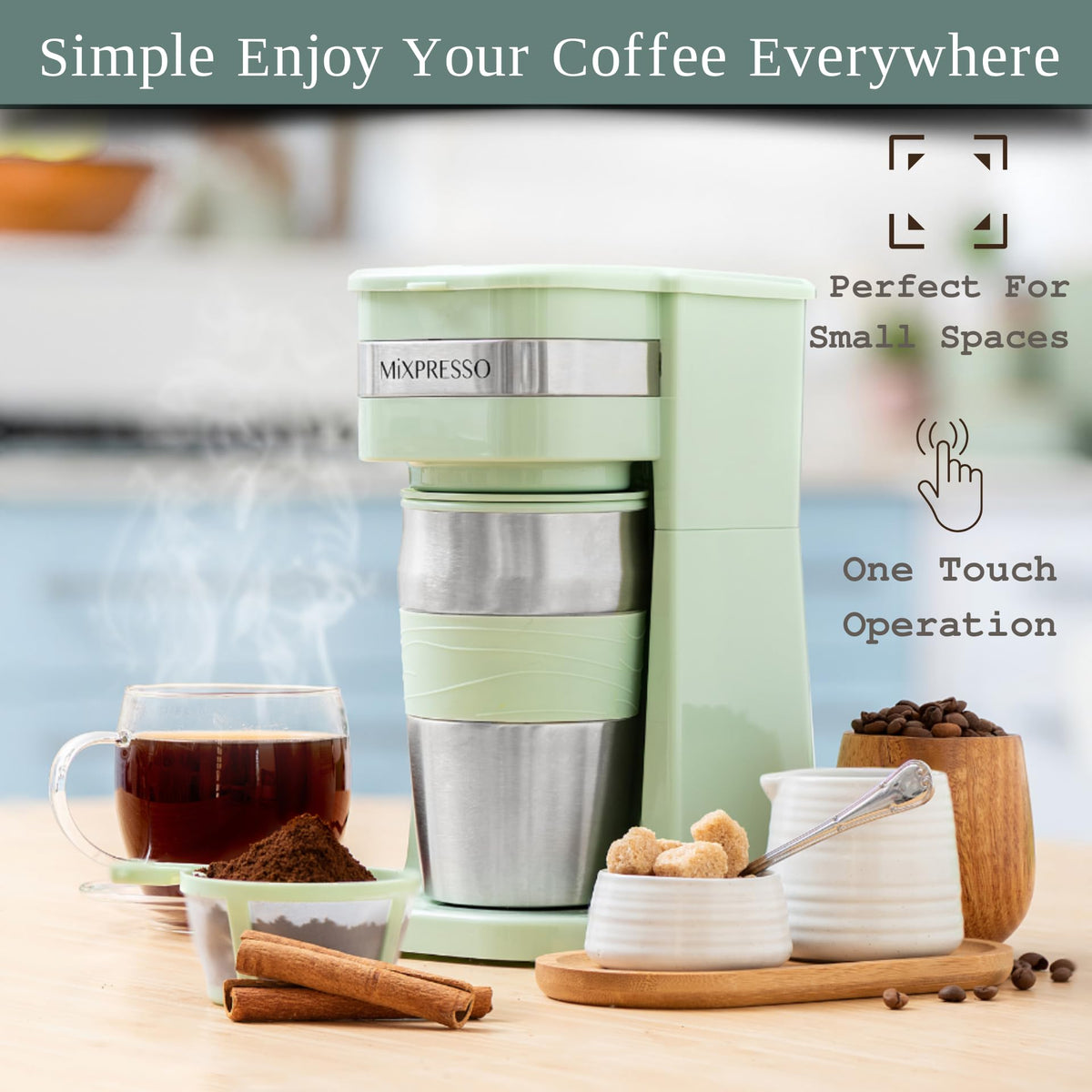 Mixpresso Single Serve & Single Cup Coffee Maker with 14oz Travel Mug Black