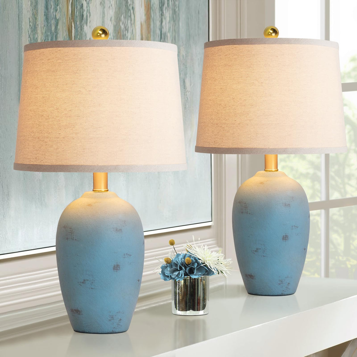 AIEAMPDO 21'' Set of 2 Farmhouse Ceramic Small Table Lamps for Living Room Bedroom, Nightstand Rustic Brown Desk Lamp for Bedside End Table Entryway, 2 LED Bulbs Included