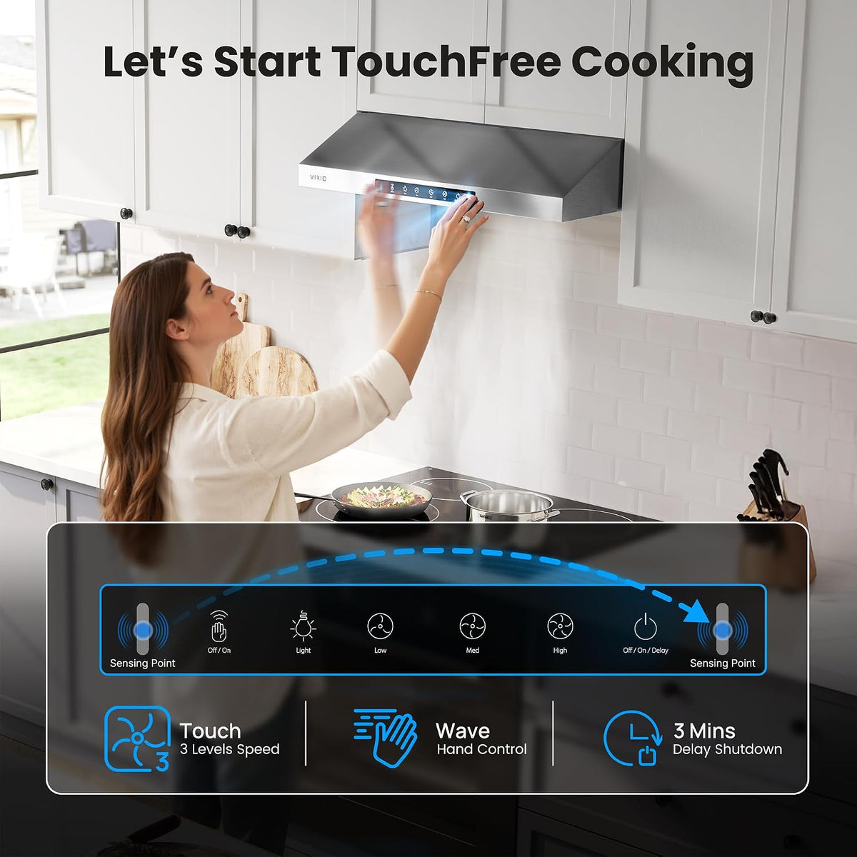 VIKIO HOME 36 Inch Under Cabinet Range Hood 900 CFM, Dual Motor Powerful Kitchen Vent Hood, Gesture & Touch Control, Ultra Quiet DC Motor, Dishwasher-Safe Filters, LED Lights, Stainless Steel
