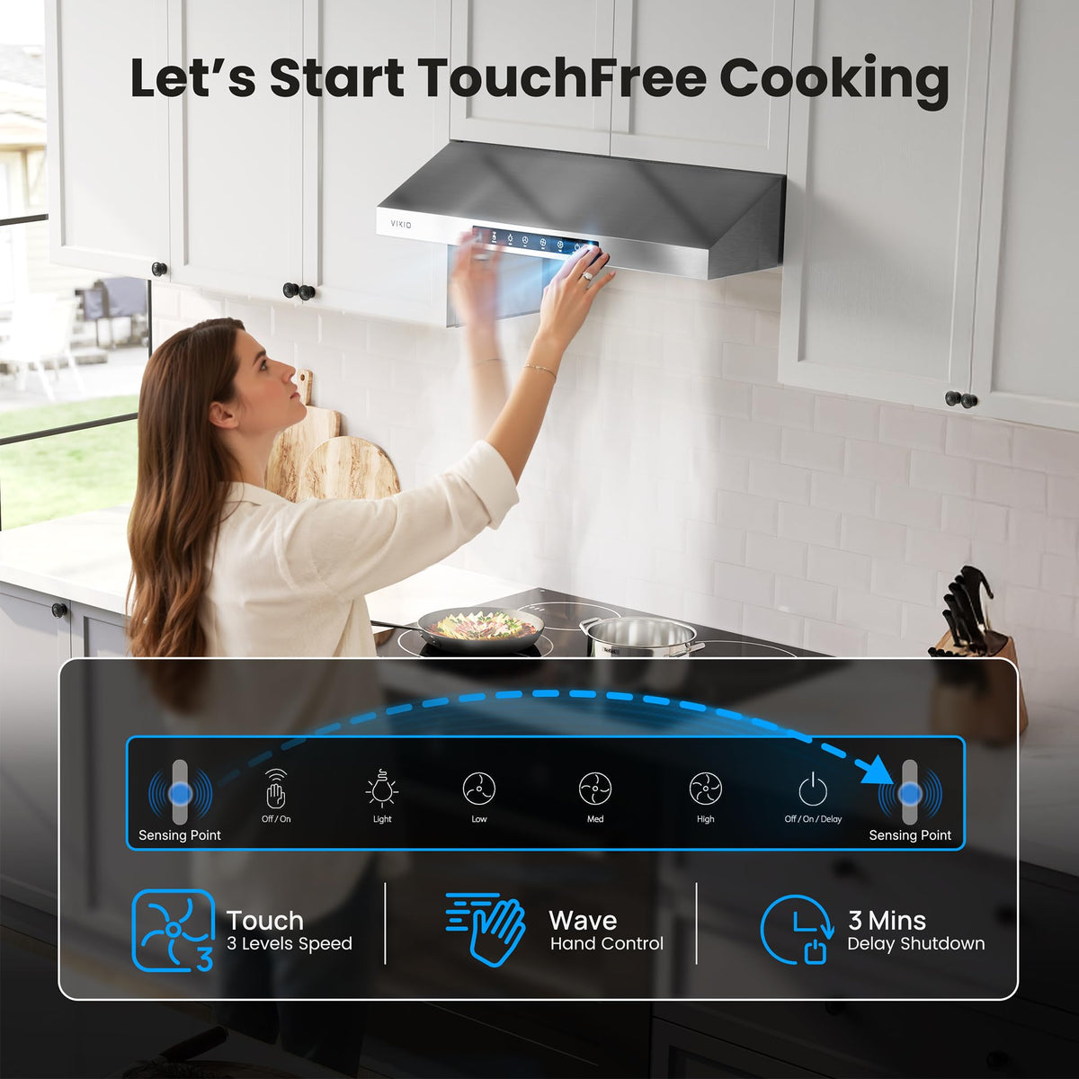 VIKIO HOME 36 Inch Under Cabinet Range Hood 900 CFM, Dual Motor Powerful Kitchen Vent Hood, Gesture & Touch Control, Ultra Quiet DC Motor, Dishwasher-Safe Filters, LED Lights, Stainless Steel