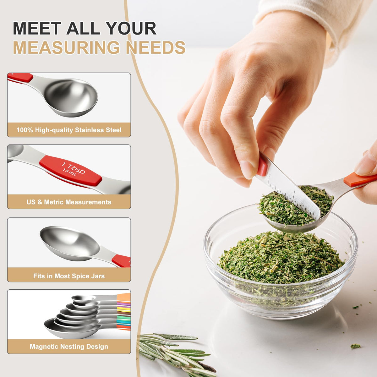 EWFEN Measuring Cups and Spoons Set, 7 Stainless Steel Nesting Measuring Cups & 7 Spoons, 5 Mini Measuring Spoons &1 Leveler, Kitchen Gadgets for Cooking & Baking, Square