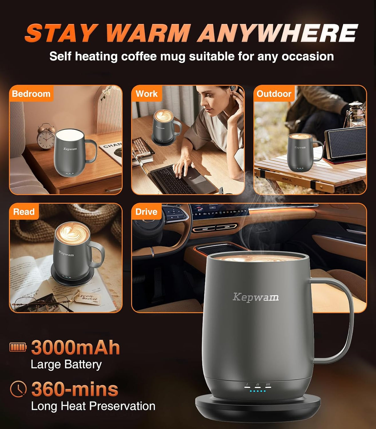 Kepwam Self-Heating Coffee Mug T2, 16oz Electric Heated Mug Hot Up to 149℉