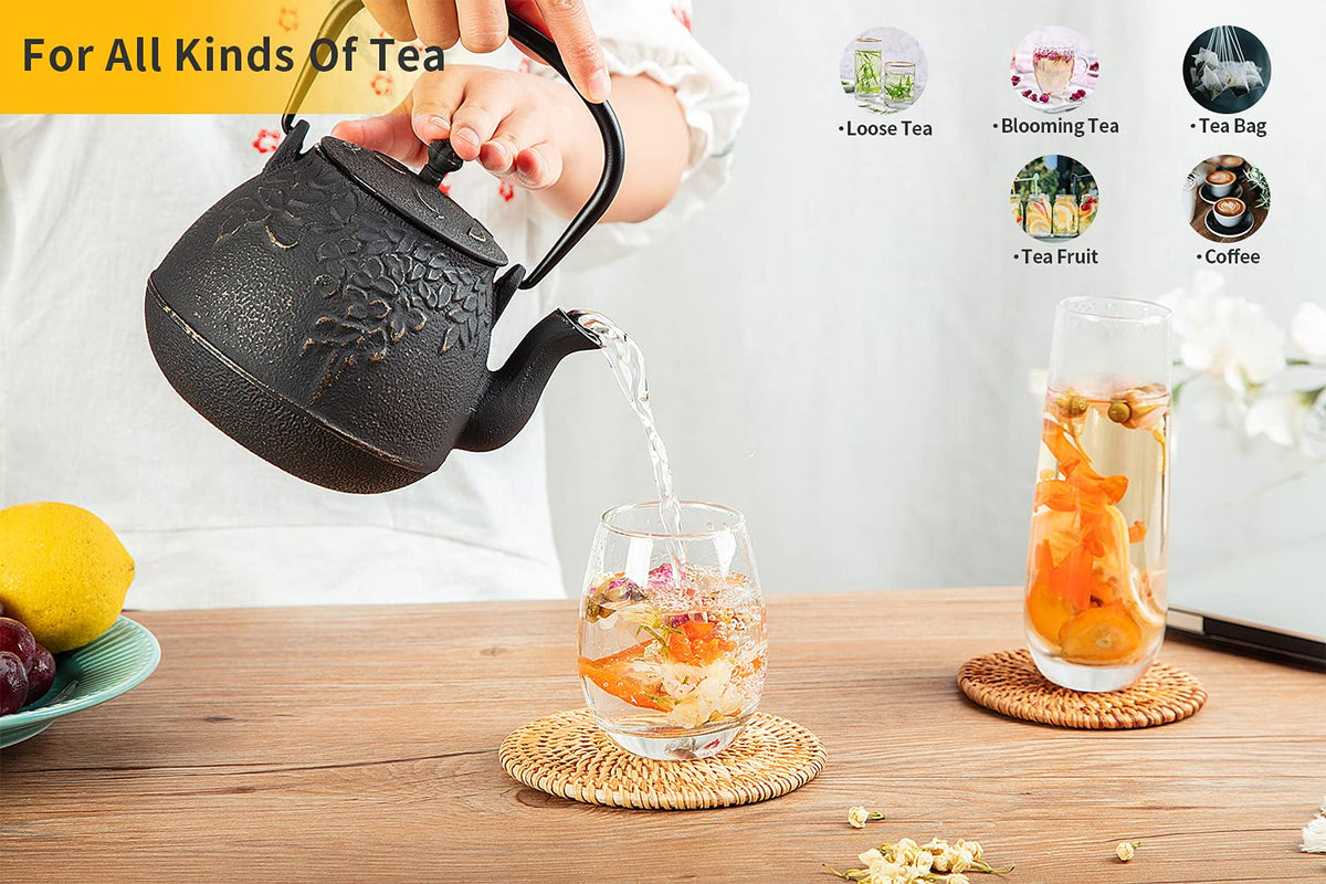 TOPTIER Japanese Teapot with Stainless Steel Infuser, Cast Iron Tea Kettle Stovetop Safe, Leaf Design Coated with Enameled Interior for 32 Ounce (950 ml), Light Green