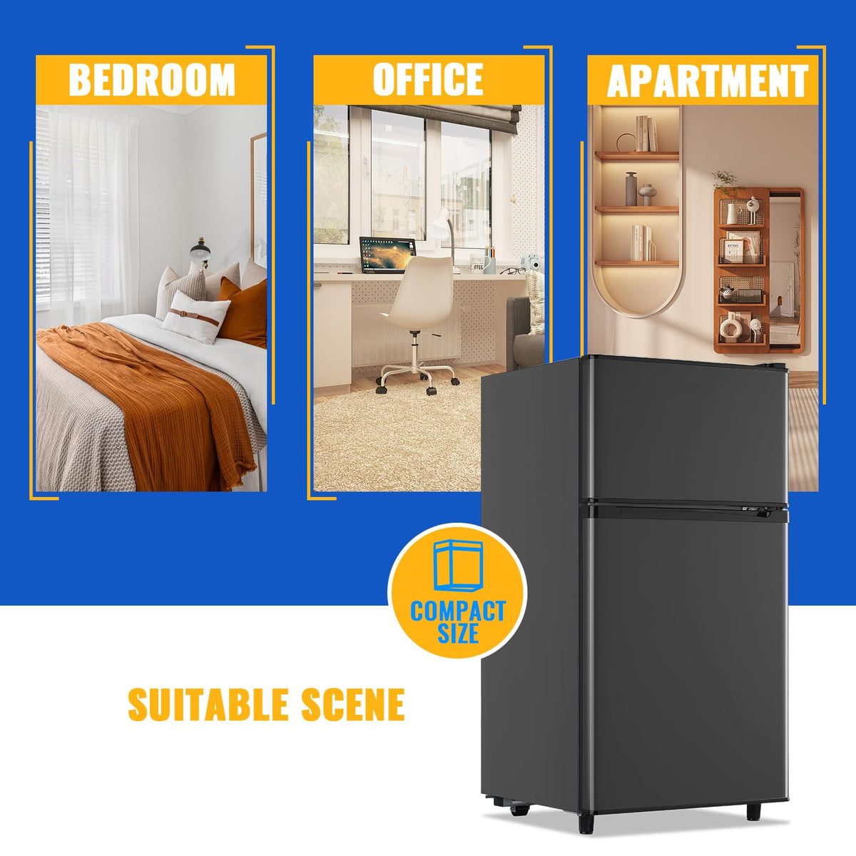 3.5 Cu.Ft Black Mini Fridge With Freezer Compact Refrigerator Dorm