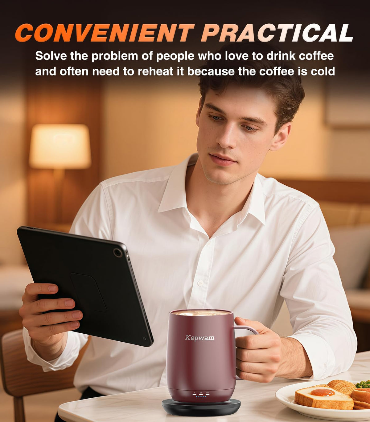 Kepwam Self-Heating Coffee Mug T2, 16oz Electric Heated Mug Hot Up to 149℉