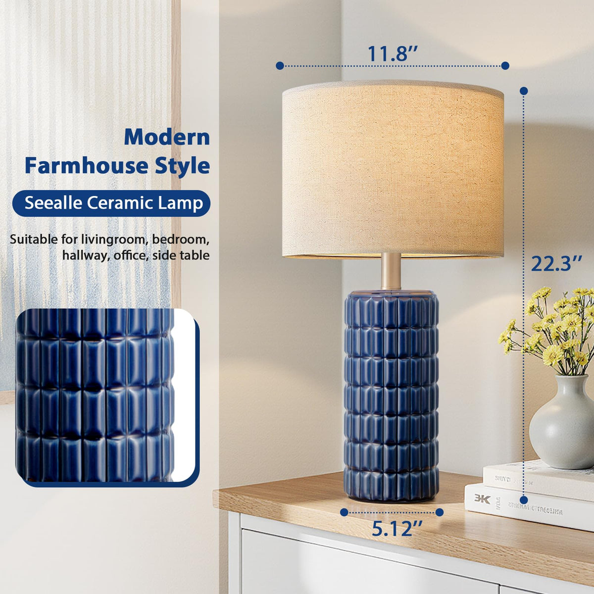 Seealle 23" Modern Ceramic Table Lamps Set of 2, Lamps for Bedroom, White