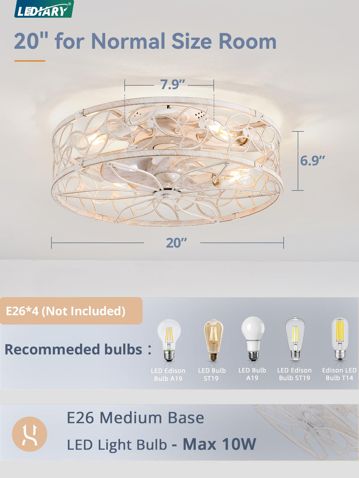 LEDIARY Caged Ceiling Fan with Light, Flush Mount Fandalier with Remote