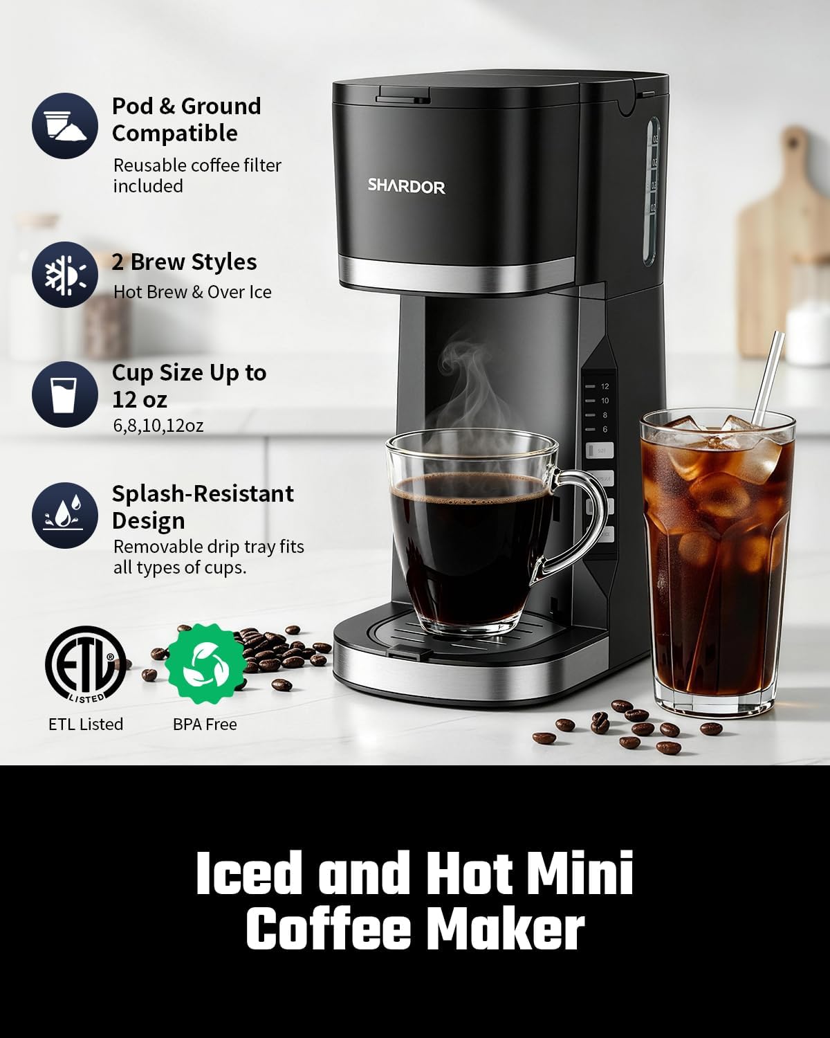 SHARDOR Mini Single Serve Coffee Maker for K-Cup Pods & Grounds, Hot & Iced