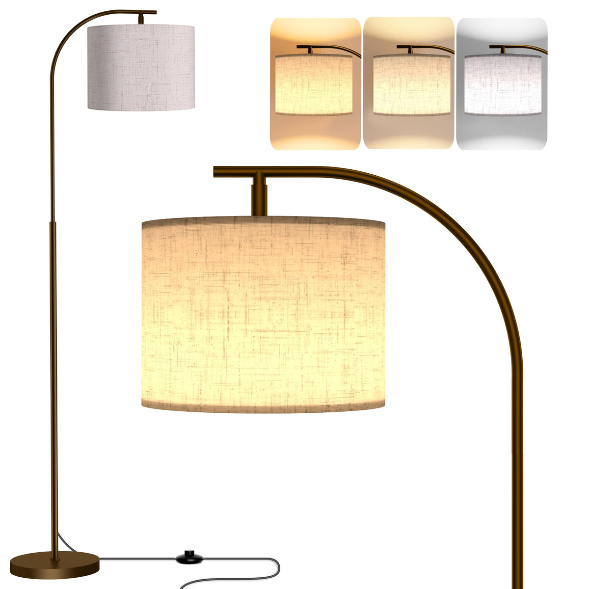 SIBRILLE Floor Lamp with Linen Shade, Arc Dimmable Tall Standing Lamp with Remote Control, Modern Floor Reading Light for Living Room Bedroom Office Corner, 9W LED Bulb Included