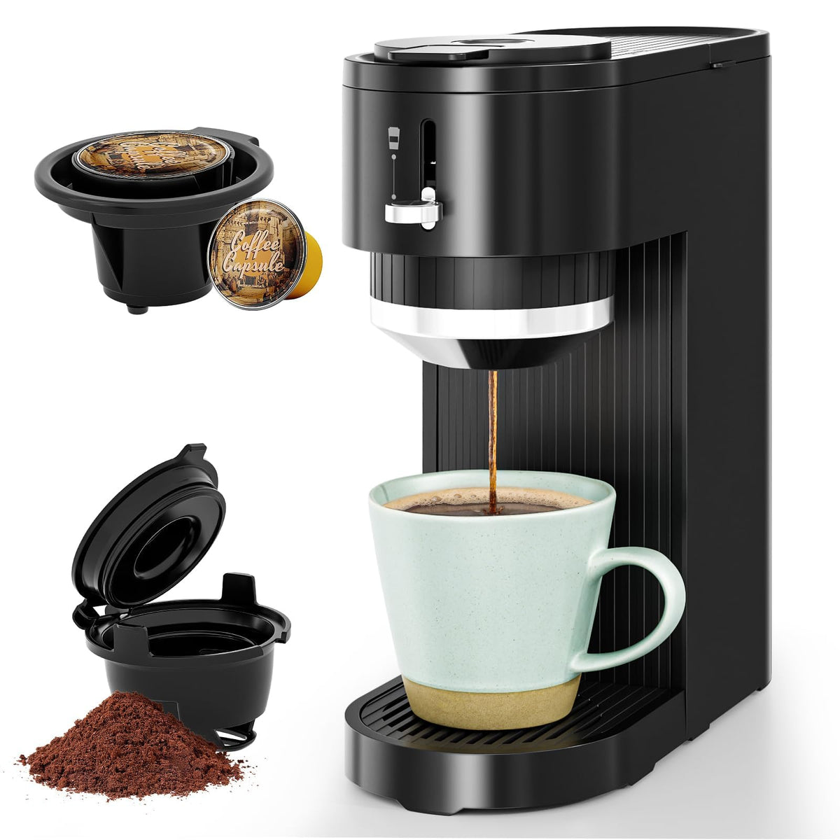 COWSAR Single Serve Coffee Maker, 2 in 1 Coffee Capsule & Ground Coffee Brewer, 40 Oz Removable Water Tank, 5 Brew Sizes 6-14 Oz, Self-cleaning Fast Heating Coffee Machine for Home Office
