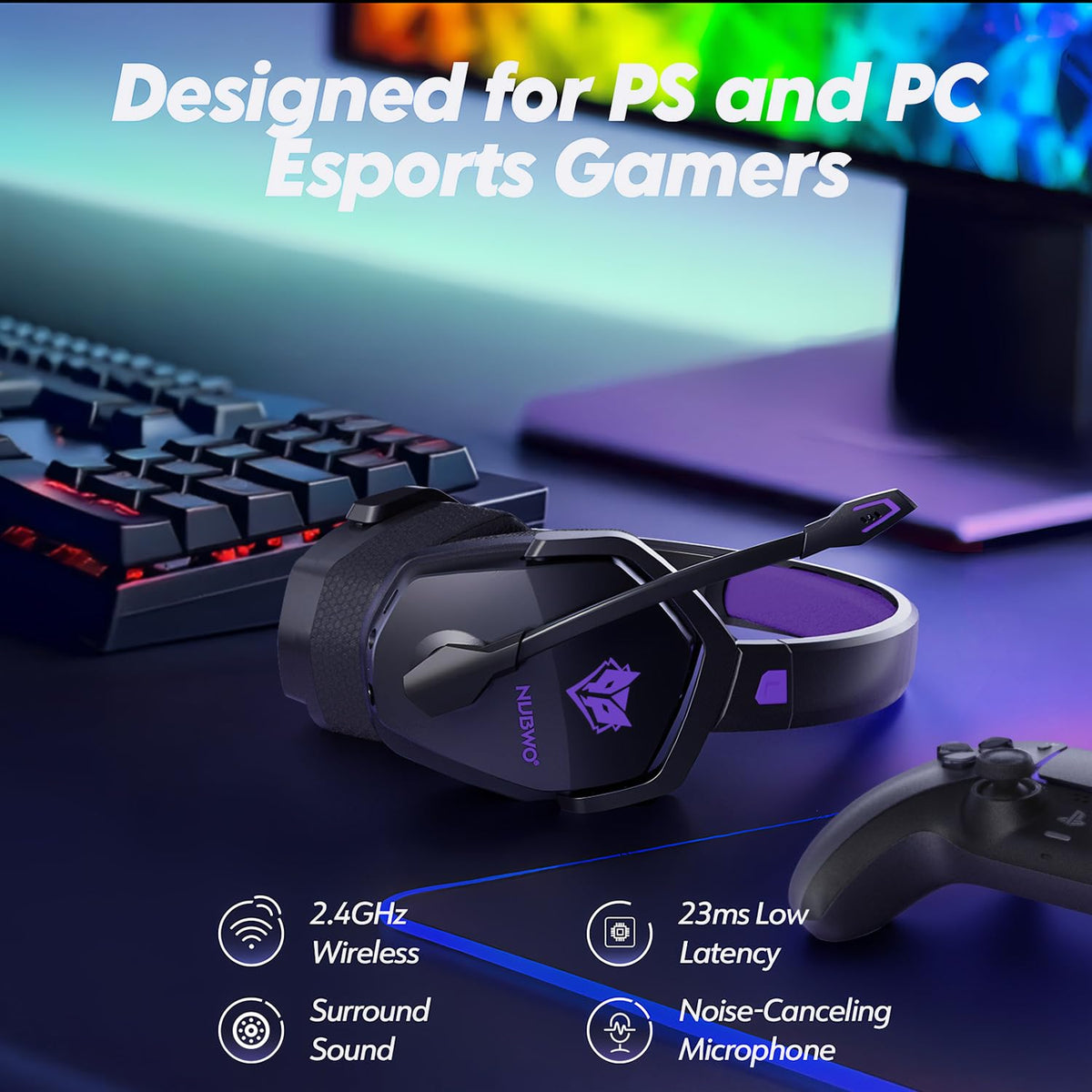 NUBWO Wireless Gaming Headset with Mic for Ps5 Ps4 PC, Zero Interference, 100-Hour Battery All-Day Play, 23ms Sync for Fortnite & Call of Duty/FPS Gamers, Triple Mode All Devices Compatible - Orange