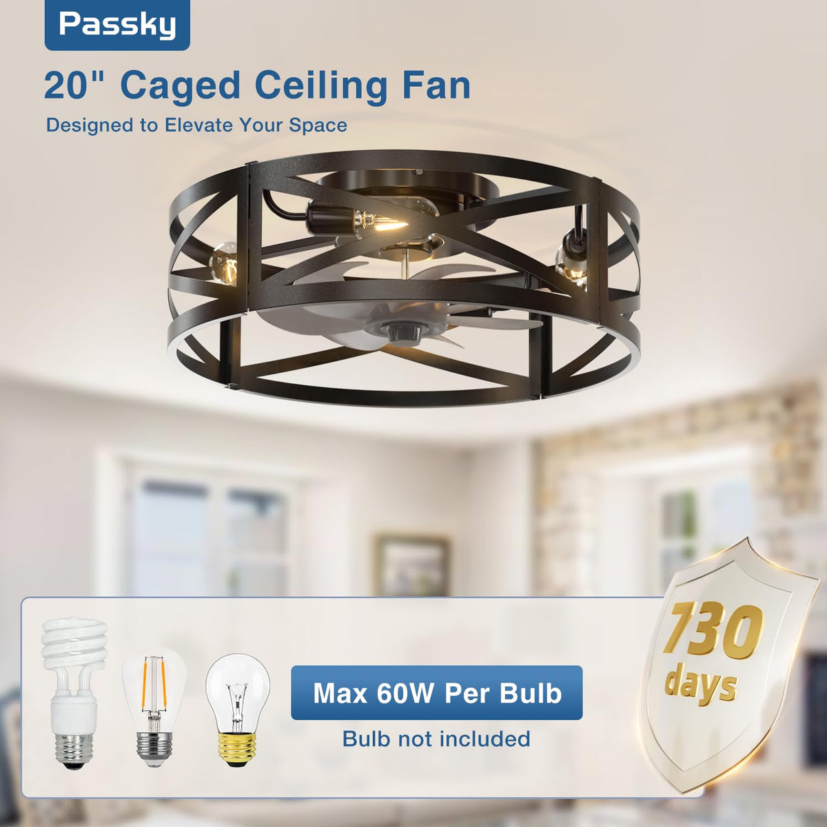 Passky 20" Caged Ceiling Fans with Lights and Remote, Low Profile Fandelier