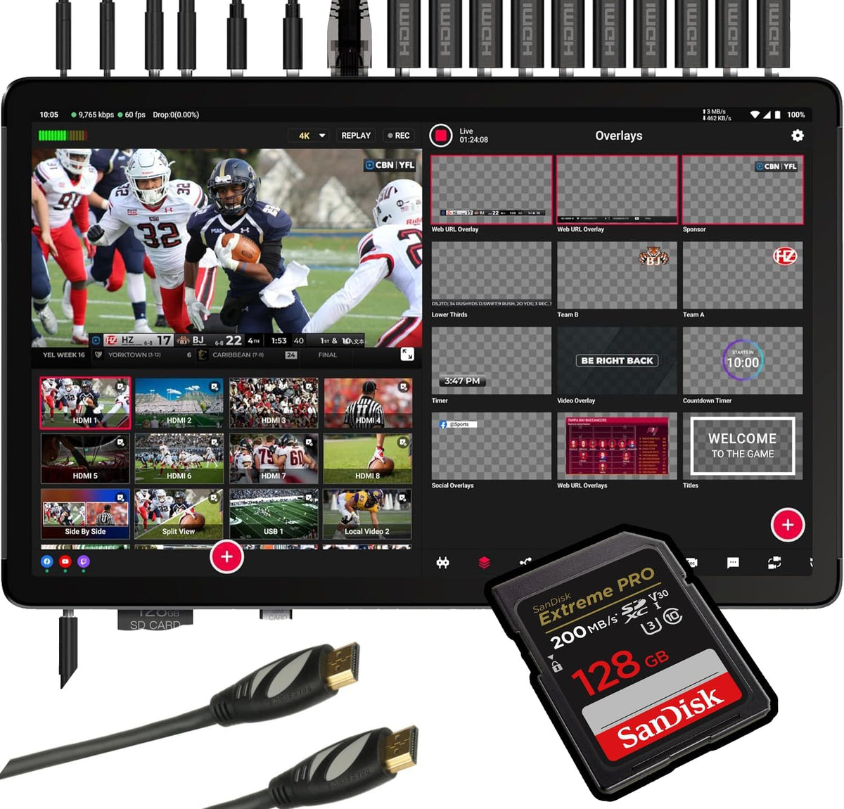 YOLOLIV YoloBox Extreme All-in-One Multi-Camera Live Streaming and Switching System Bundle with SanDisk 128GB Memory Card and Pearstone HDMI to HDMI Ethernet Cable