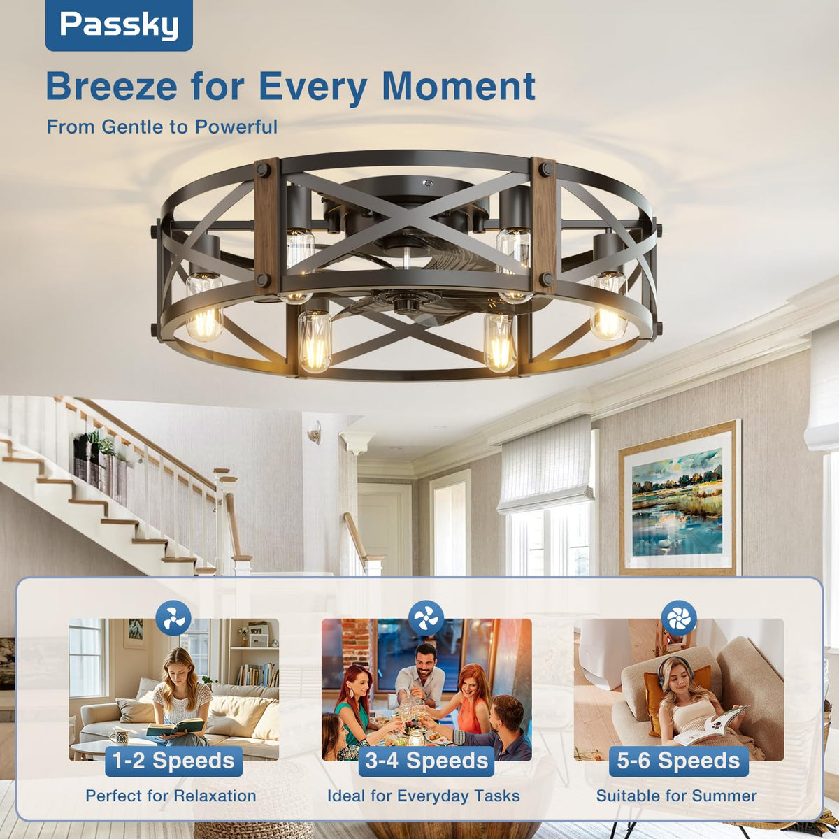 Passky 20" Caged Ceiling Fans with Lights and Remote, Low Profile Fandelier