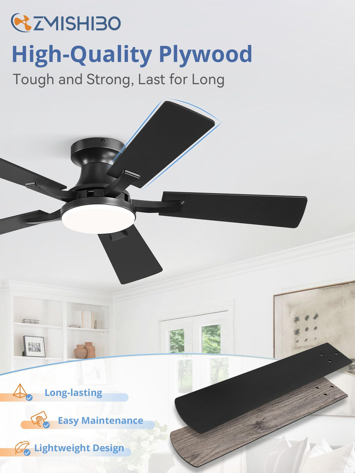 ZMISHIBO 52 Inch Ceiling Fans with Lights, Remote&App Control, Flush Mount