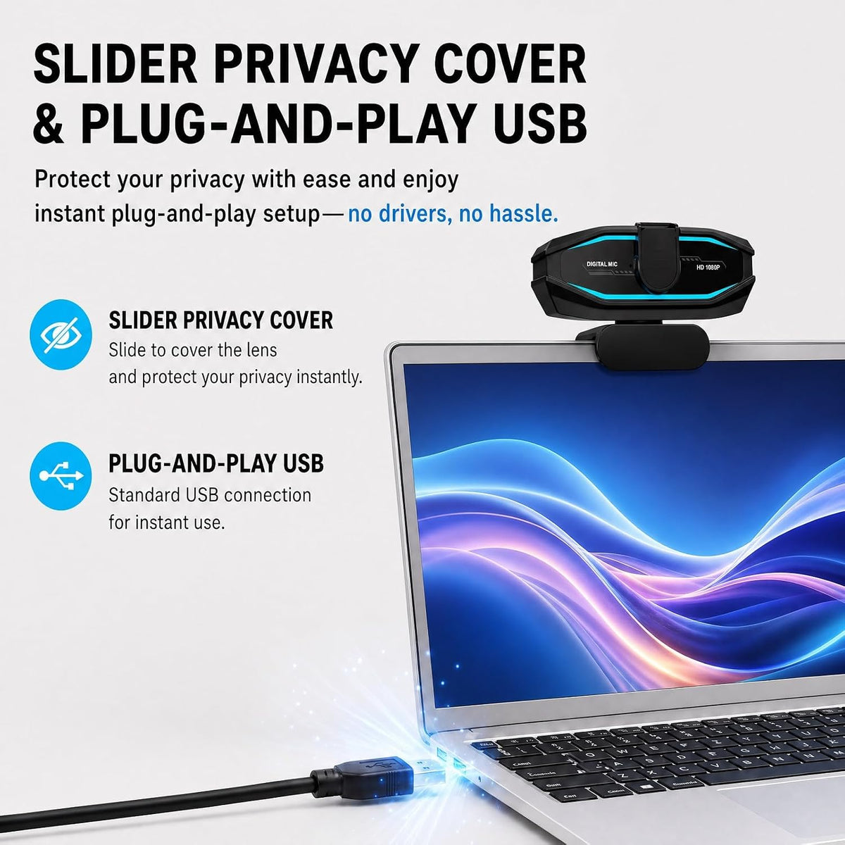 1080P Webcam for PC,90°FOV Web Camera with RGB Light Auto Light Correction