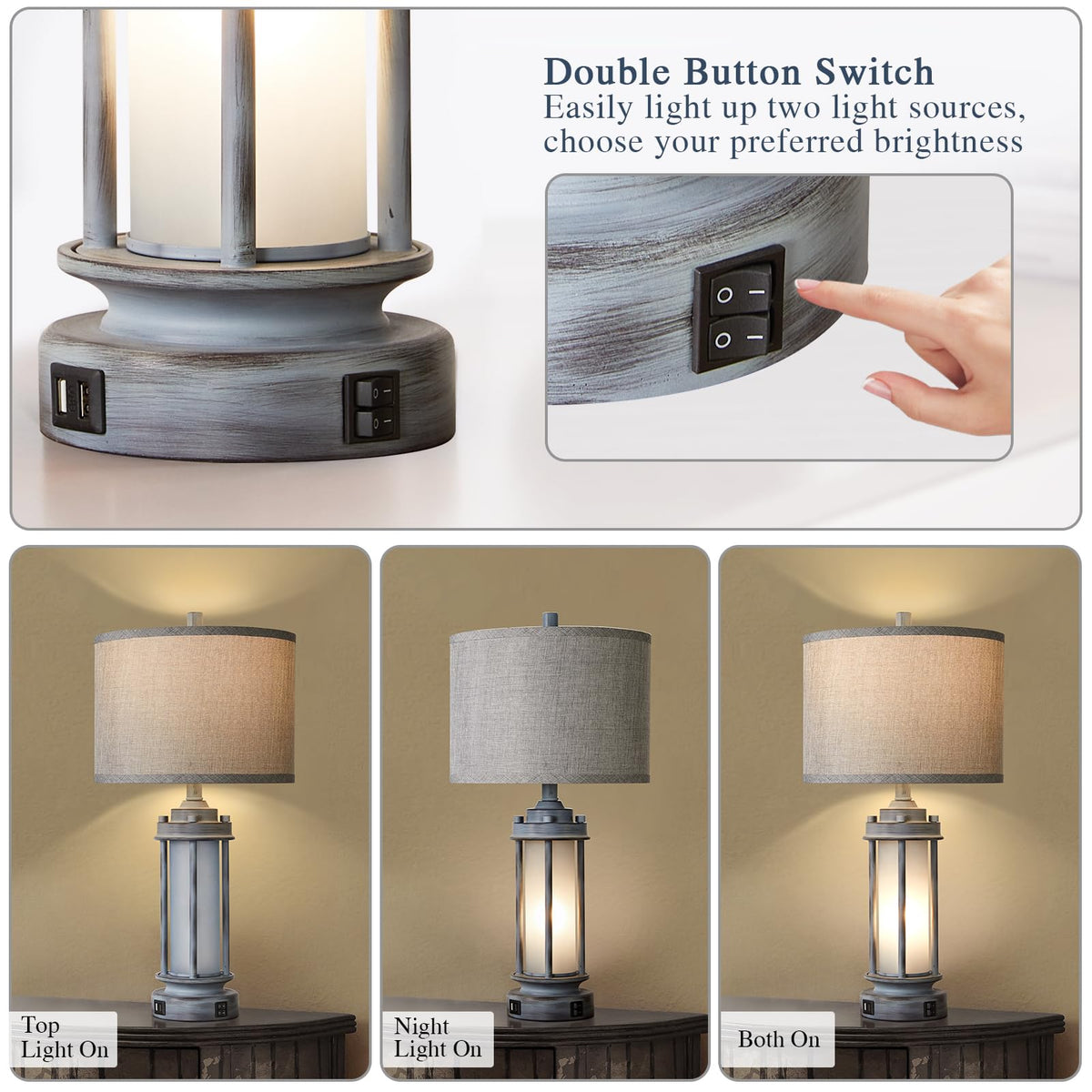 AIEAMPDO 25'' Set of 2 Farmhouse Table Lamps for Living Room with USB C+A