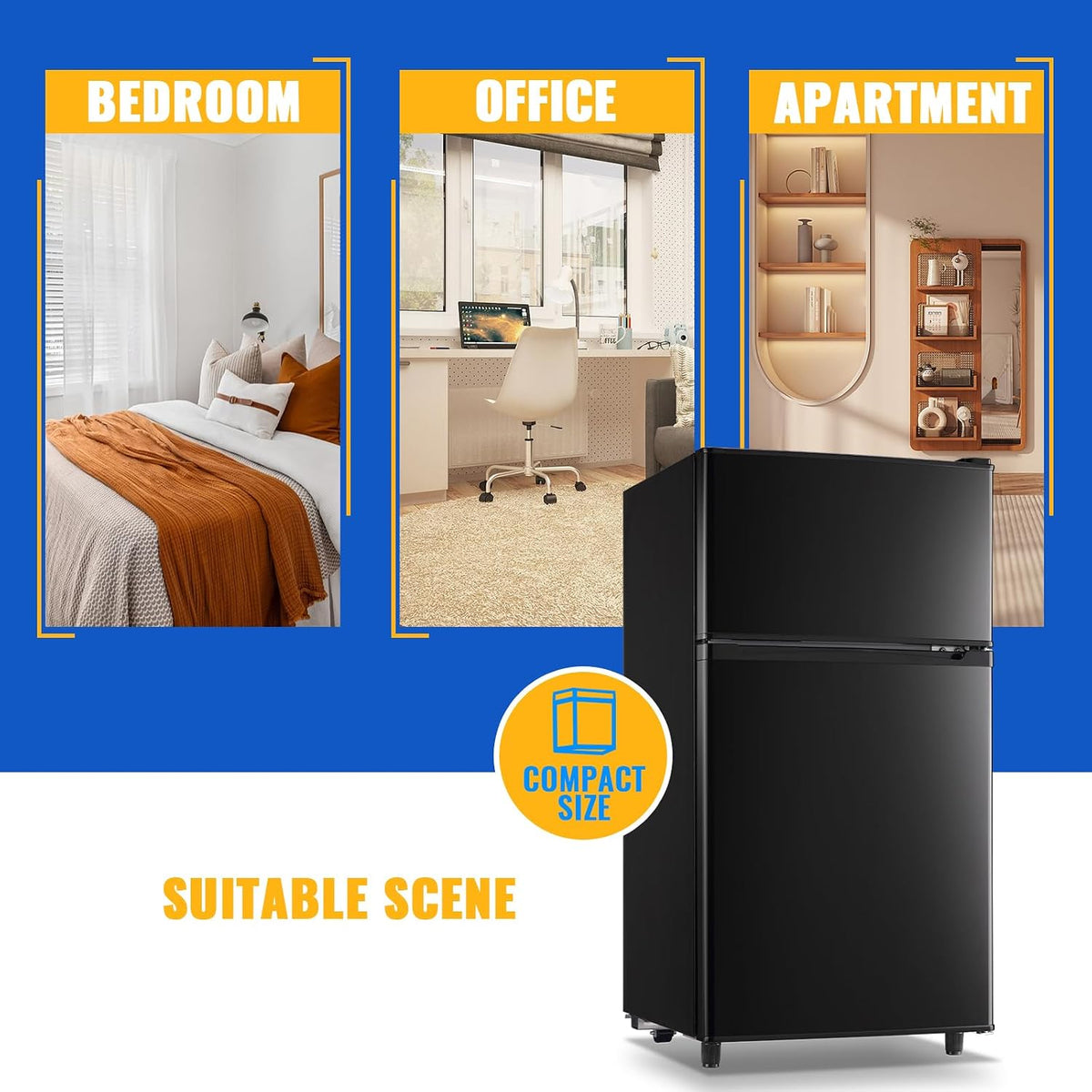 3.5 Cu.Ft Black Mini Fridge With Freezer Compact Refrigerator Dorm