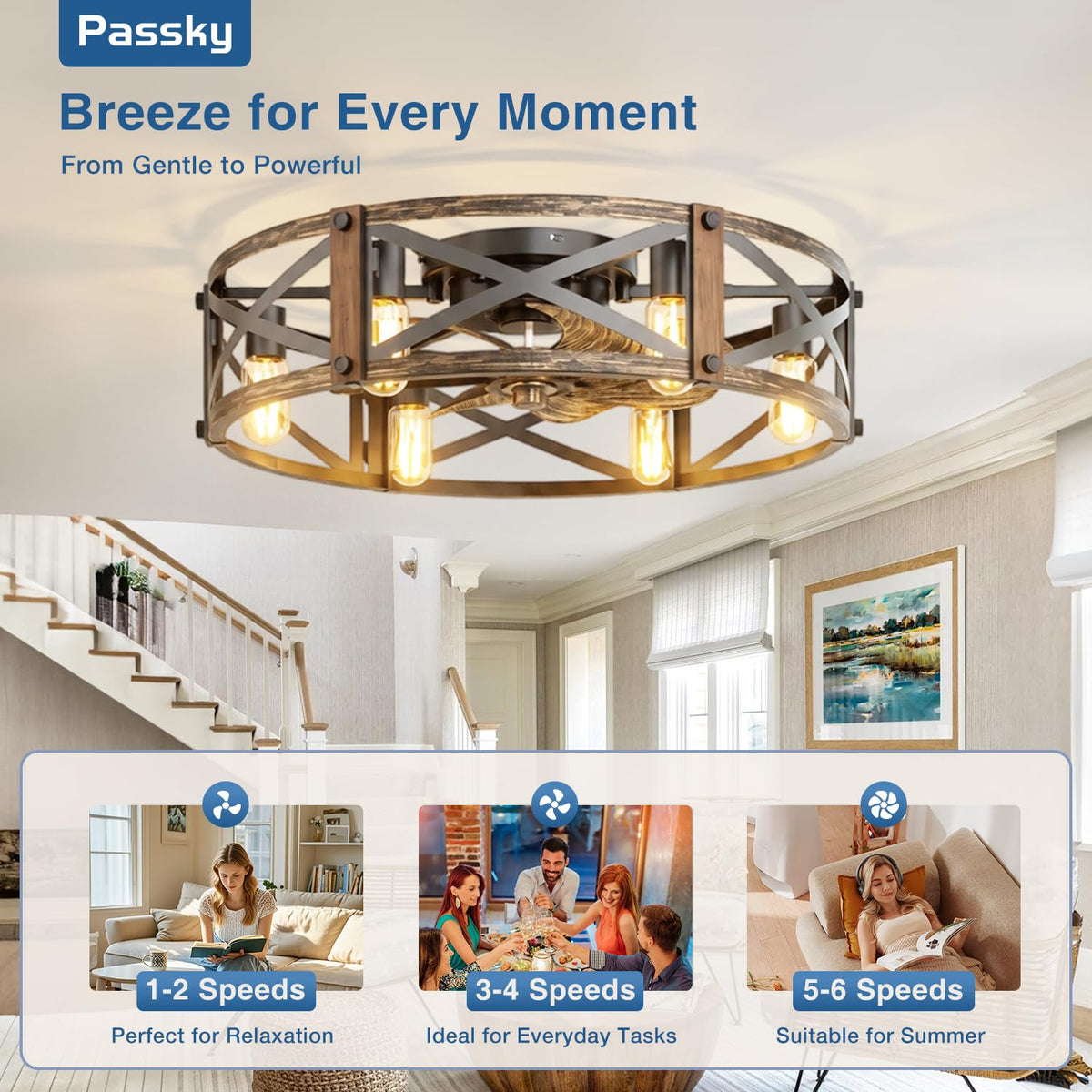 Passky 20" Caged Ceiling Fans with Lights and Remote, Low Profile Fandelier