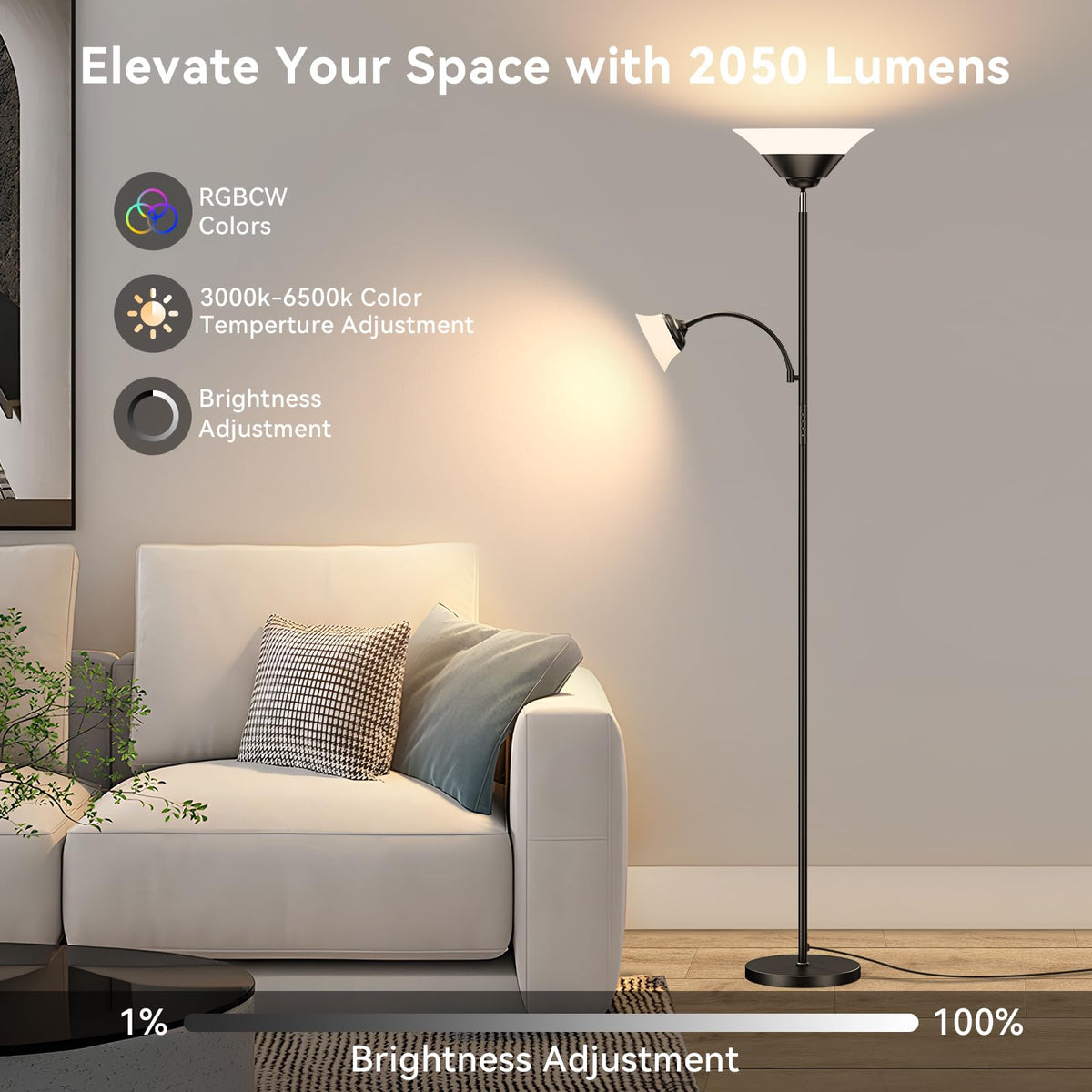 SIBRILLE 2-in-1 Torchiere Floor Lamp, 34W Super Bright LED Standing Lamp with Remote & Touch Control, 72" Dimmable Adjustable Corner Reading Lamp for Living Room, Bedroom, Office, Black