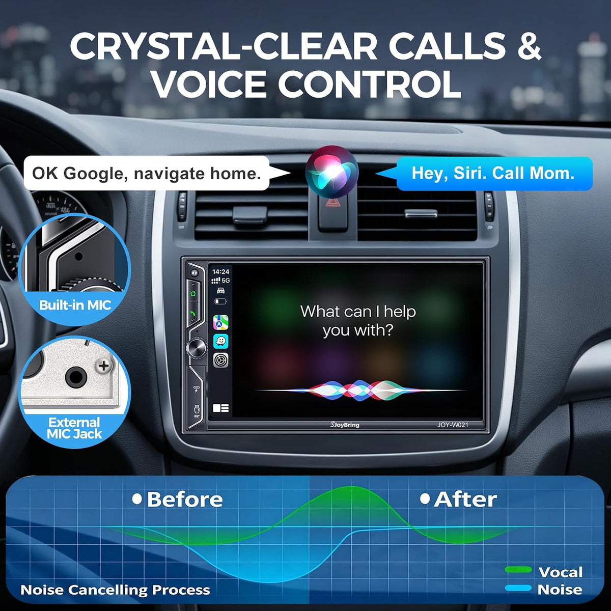 7" QLED Double Din Car Stereo Compatible with Wireless Apple CarPlay & Android Auto, 240W 4.2CH Dual Subwoofer Out, Dash Cam & Backup Camera Included, Bluetooth, Mirrorlink, FM/AM Car Radio