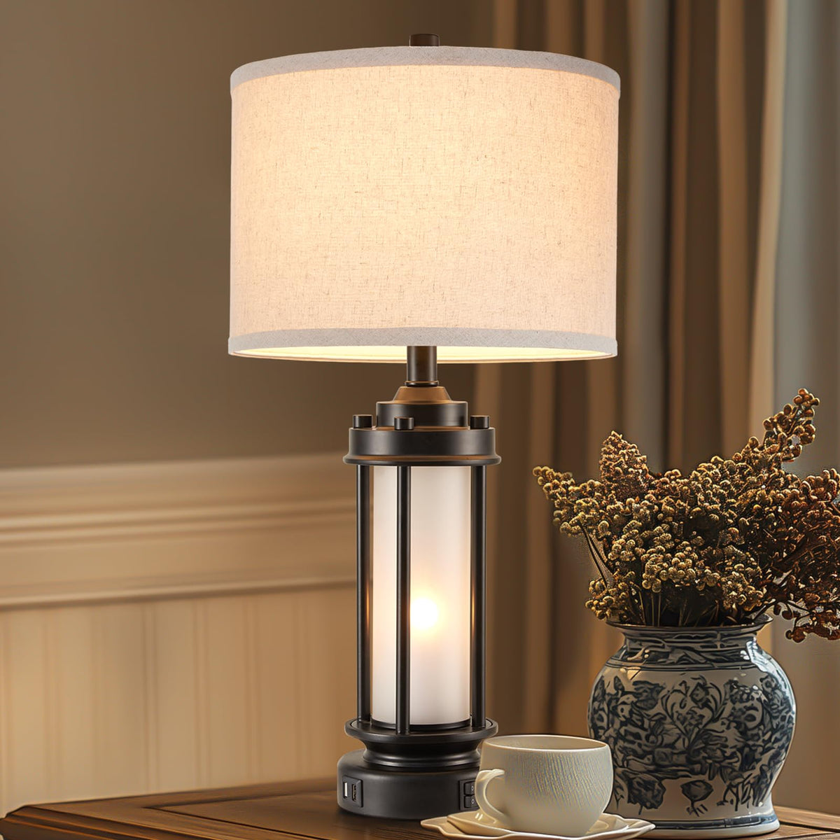 AIEAMPDO 25'' Set of 2 Farmhouse Table Lamps for Living Room with USB C+A