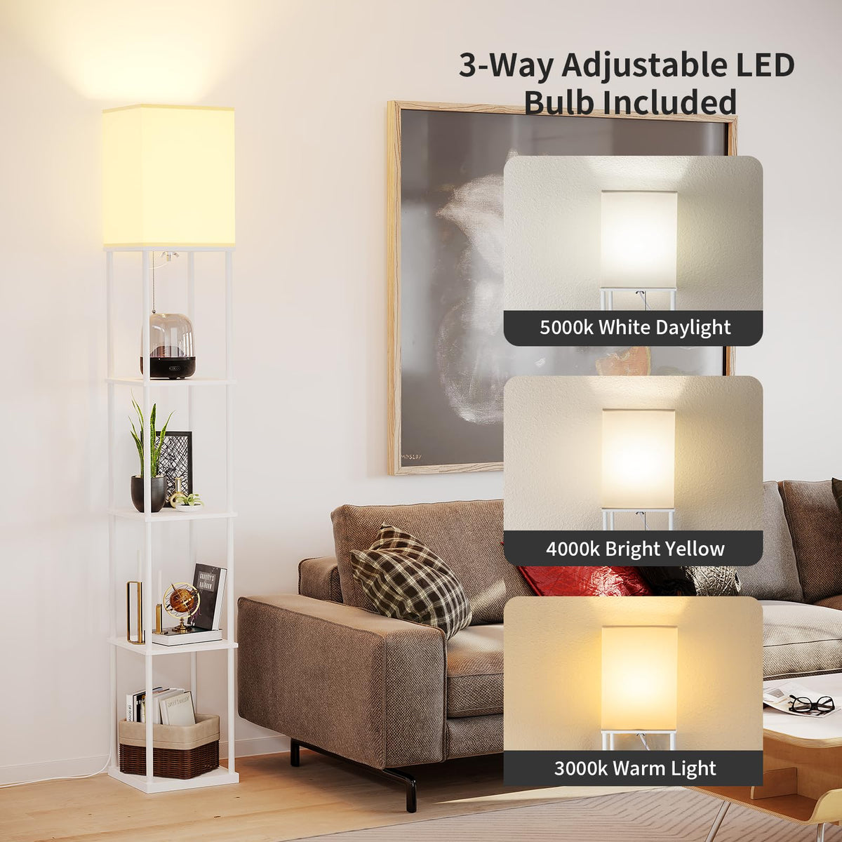 SUNMORY Floor Lamp with Shelves, Standing Lamps for Living Room, Black