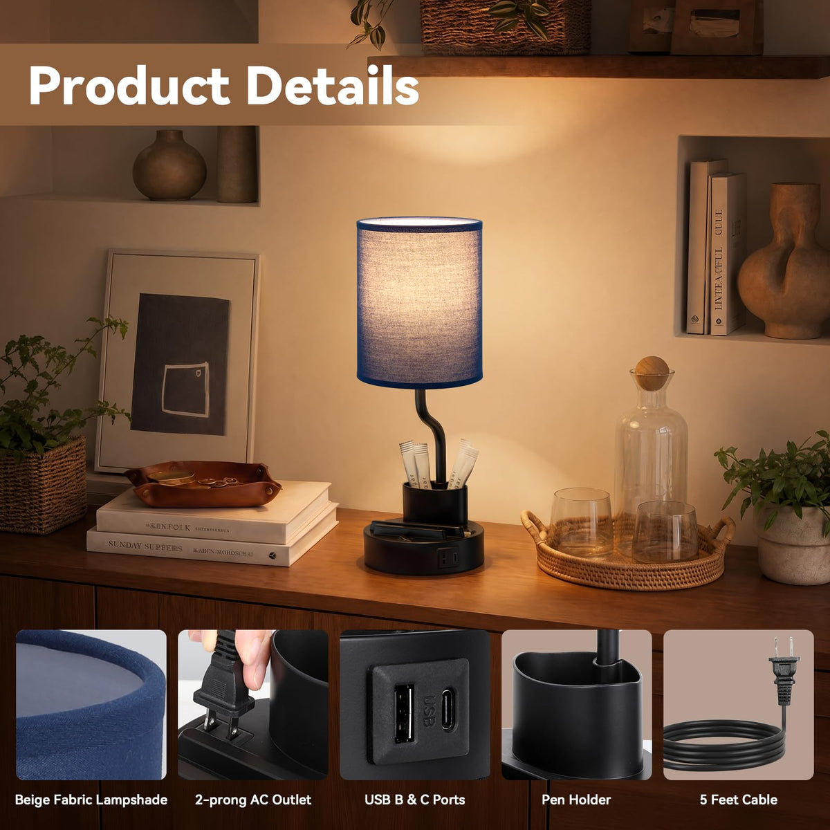Fenmzee Bedside Lamps for Bedroom Set of 2 - Table Desk Lamp for Nightstand