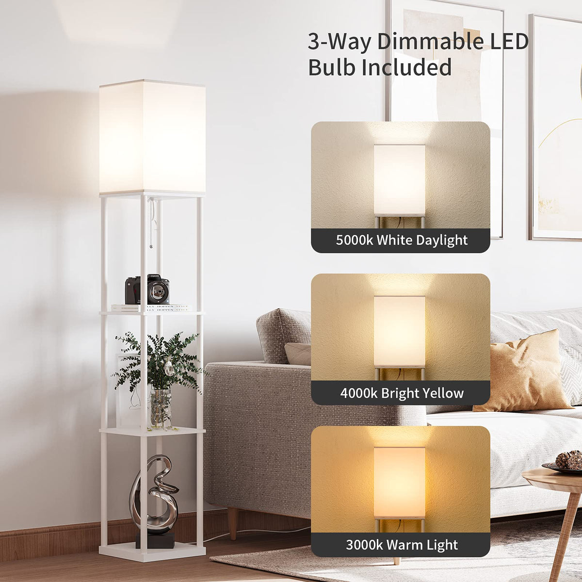 SUNMORY Floor Lamp with Shelves, Standing Lamps for Living Room, Black