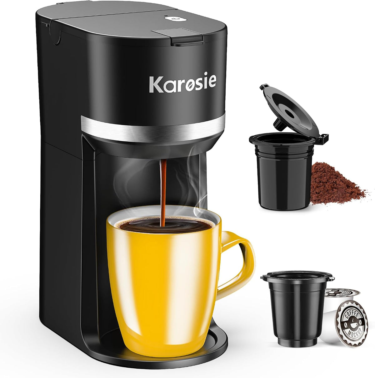 Single Serve Coffee Maker for Coffee Pods and Grounds,Fast Brew,6-12 oz Brew Sizes Single Cup Coffee Maker Fits 5.5" Mugs,One-Button Small Coffee Maker,Descaling Reminder,Black,9.45 Inches