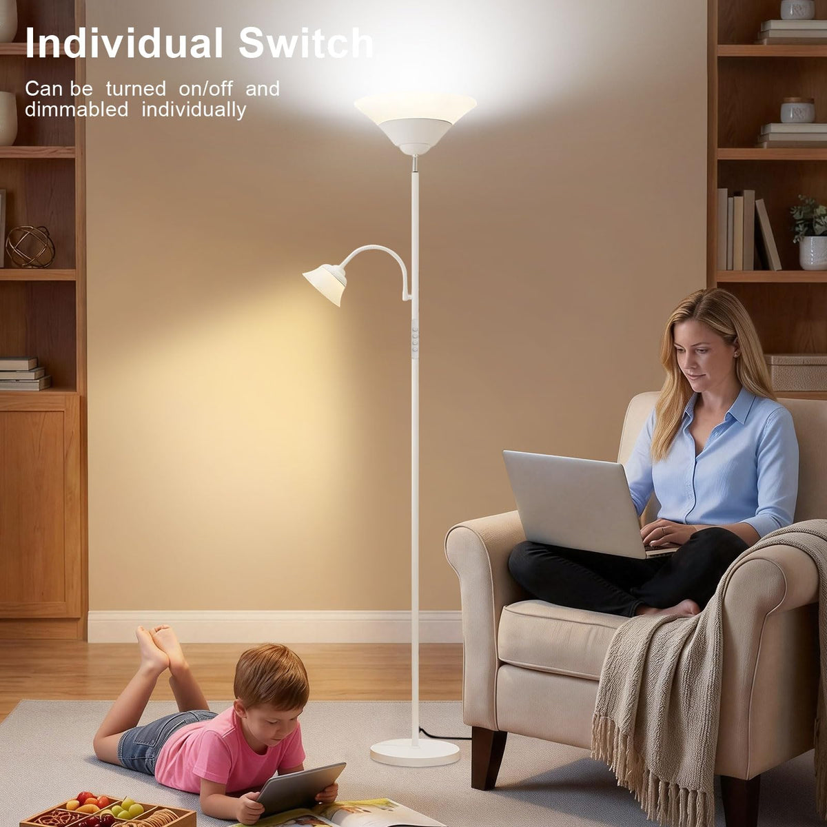 SIBRILLE 2-in-1 Torchiere Floor Lamp, 34W Super Bright LED Standing Lamp with Remote & Touch Control, 72" Dimmable Adjustable Corner Reading Lamp for Living Room, Bedroom, Office, Black